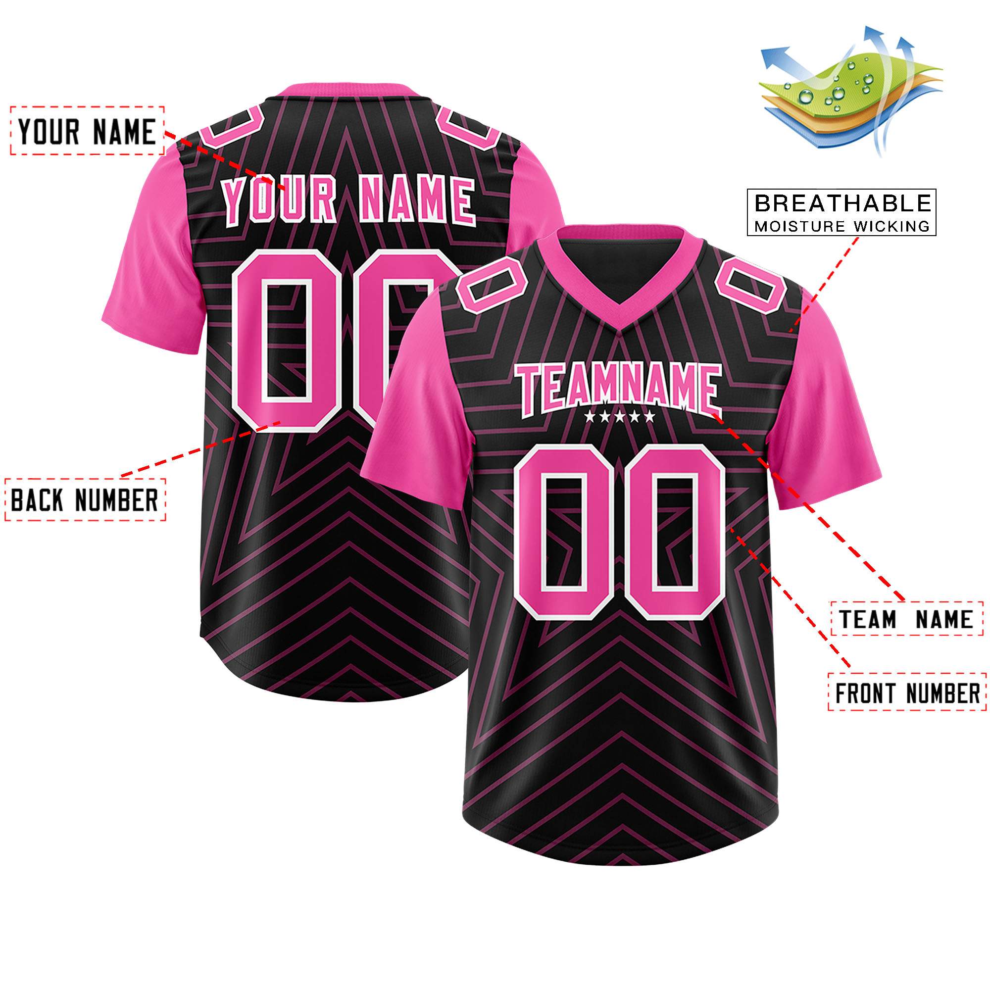Custom Black Pink Personalized Star Pattern Raglan Sleeves Authentic American Football Jersey