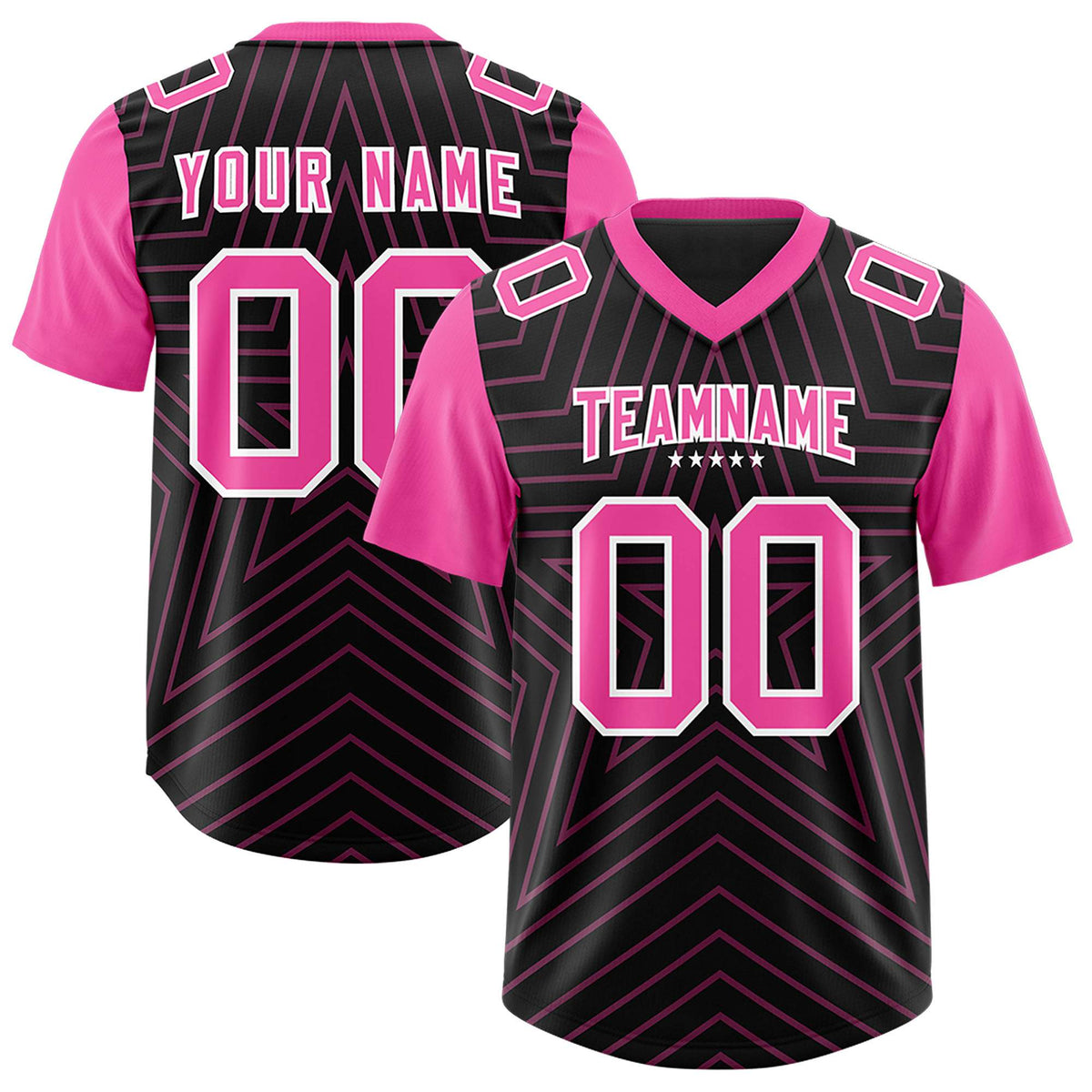 Custom Black Pink Personalized Star Pattern Raglan Sleeves Authentic American Football Jersey