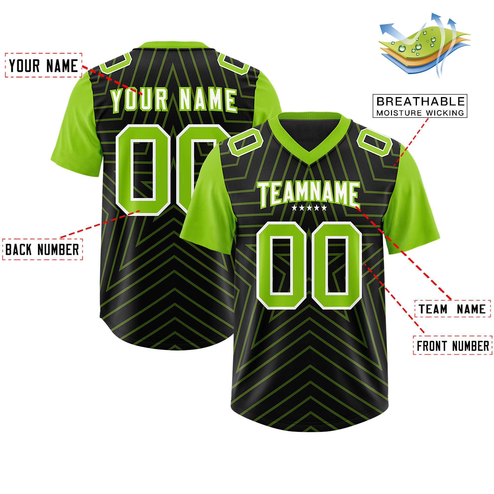 Custom Black Neon Green Personalized Star Pattern Raglan Sleeves Authentic American Football Jersey