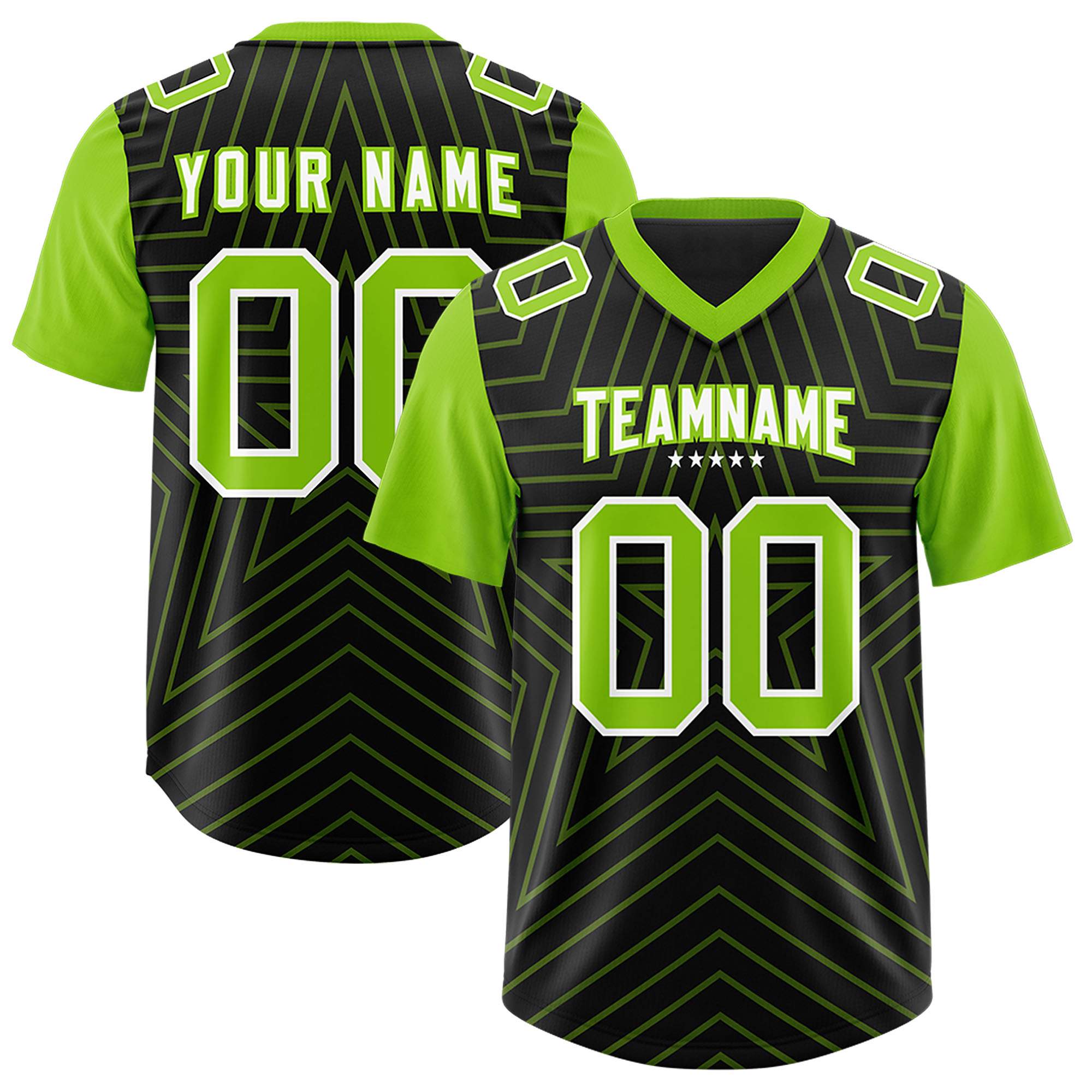 Custom Black Neon Green Personalized Star Pattern Raglan Sleeves Authentic American Football Jersey