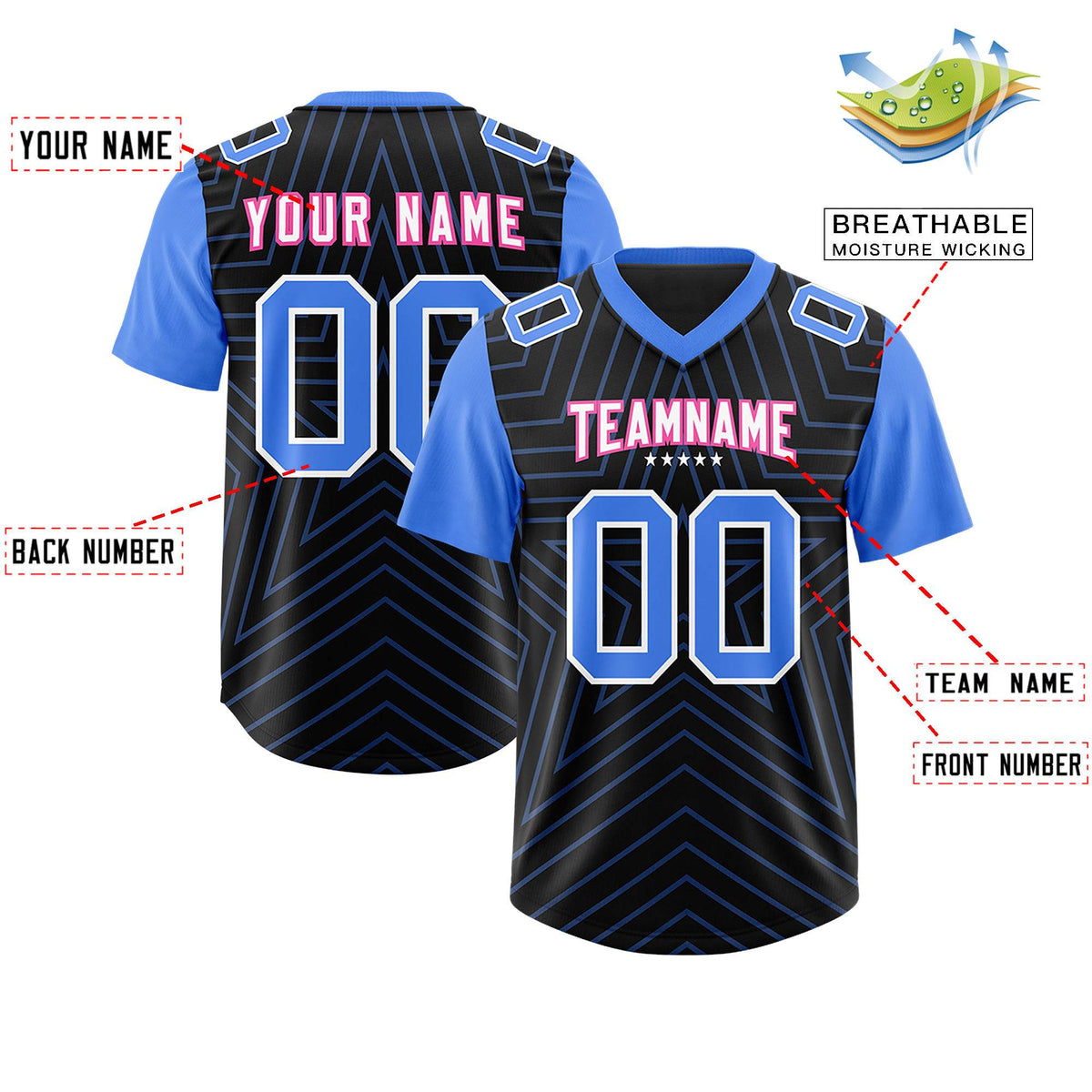 Custom Black Powder Blue Personalized Star Pattern Raglan Sleeves Authentic American Football Jersey