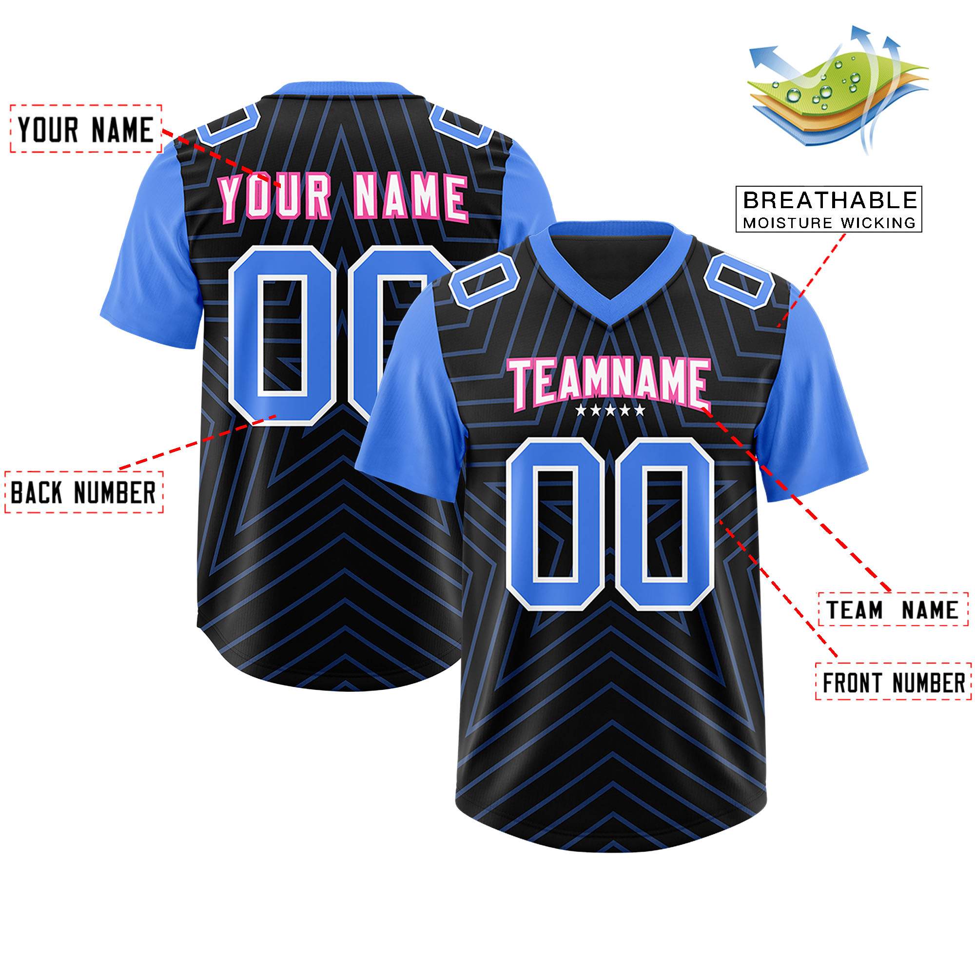 Custom Black Powder Blue Personalized Star Pattern Raglan Sleeves Authentic American Football Jersey