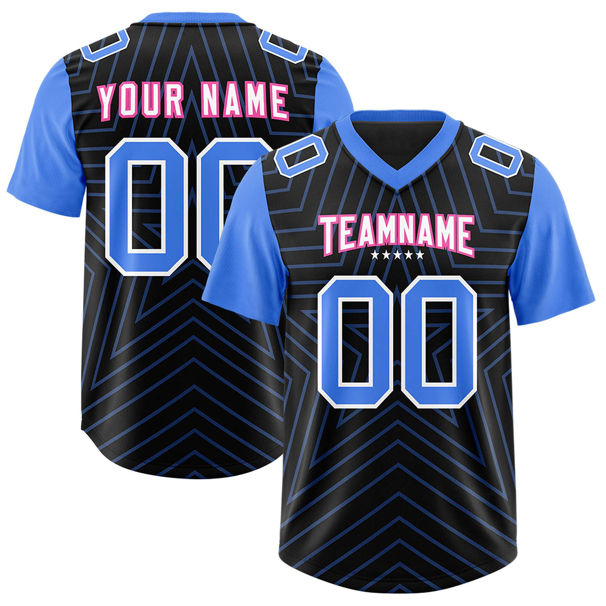 Custom Black Powder Blue Personalized Star Pattern Raglan Sleeves Authentic American Football Jersey