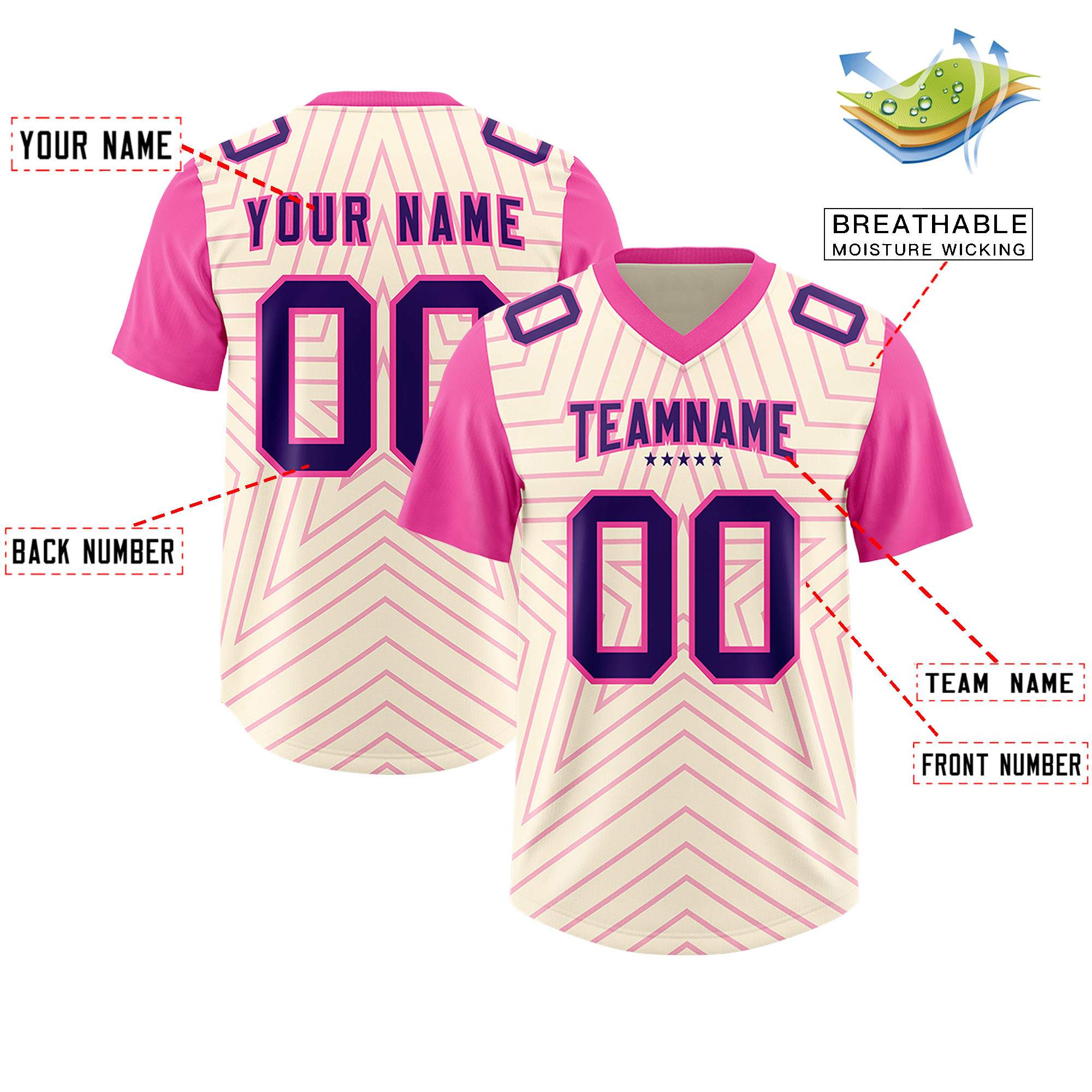 Custom Cream Pink Personalized Star Pattern Raglan Sleeves Authentic American Football Jersey