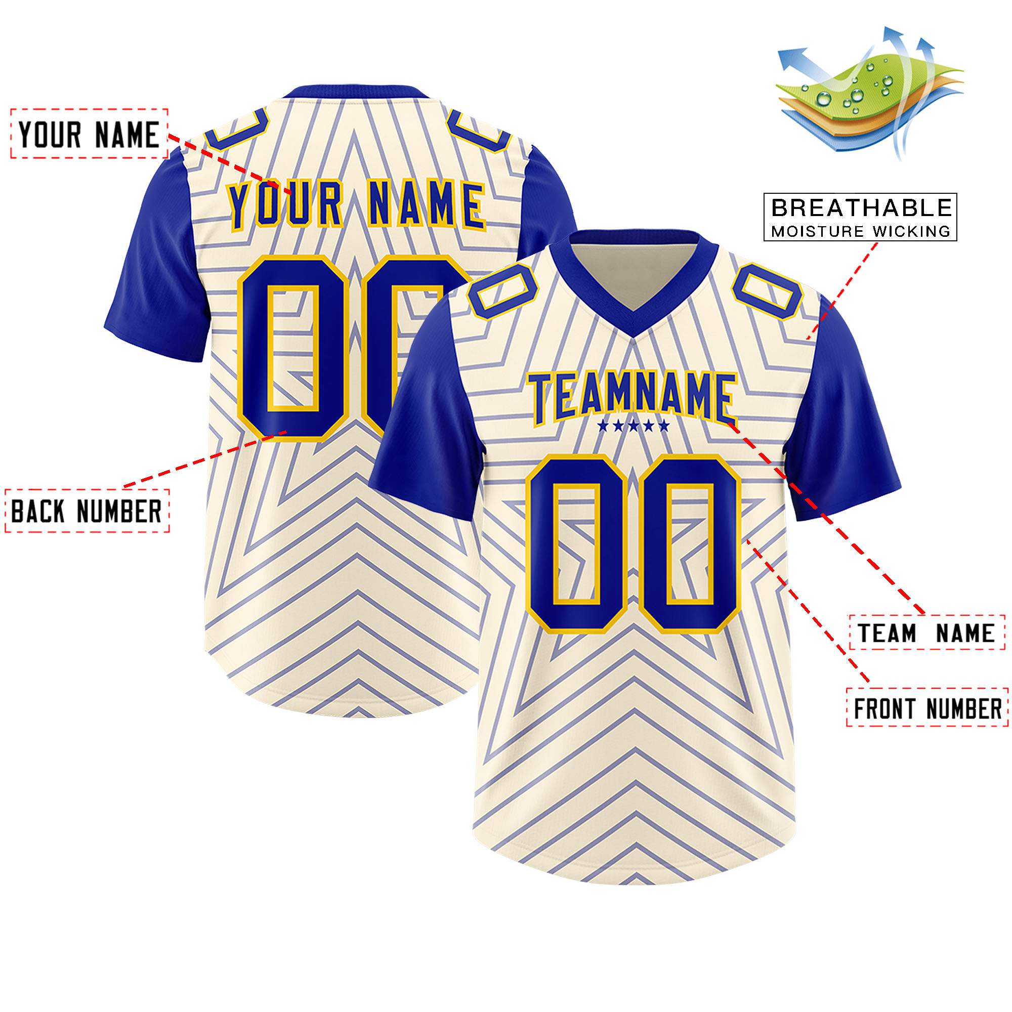 Custom Cream Royal Personalized Star Pattern Raglan Sleeves Authentic American Football Jersey