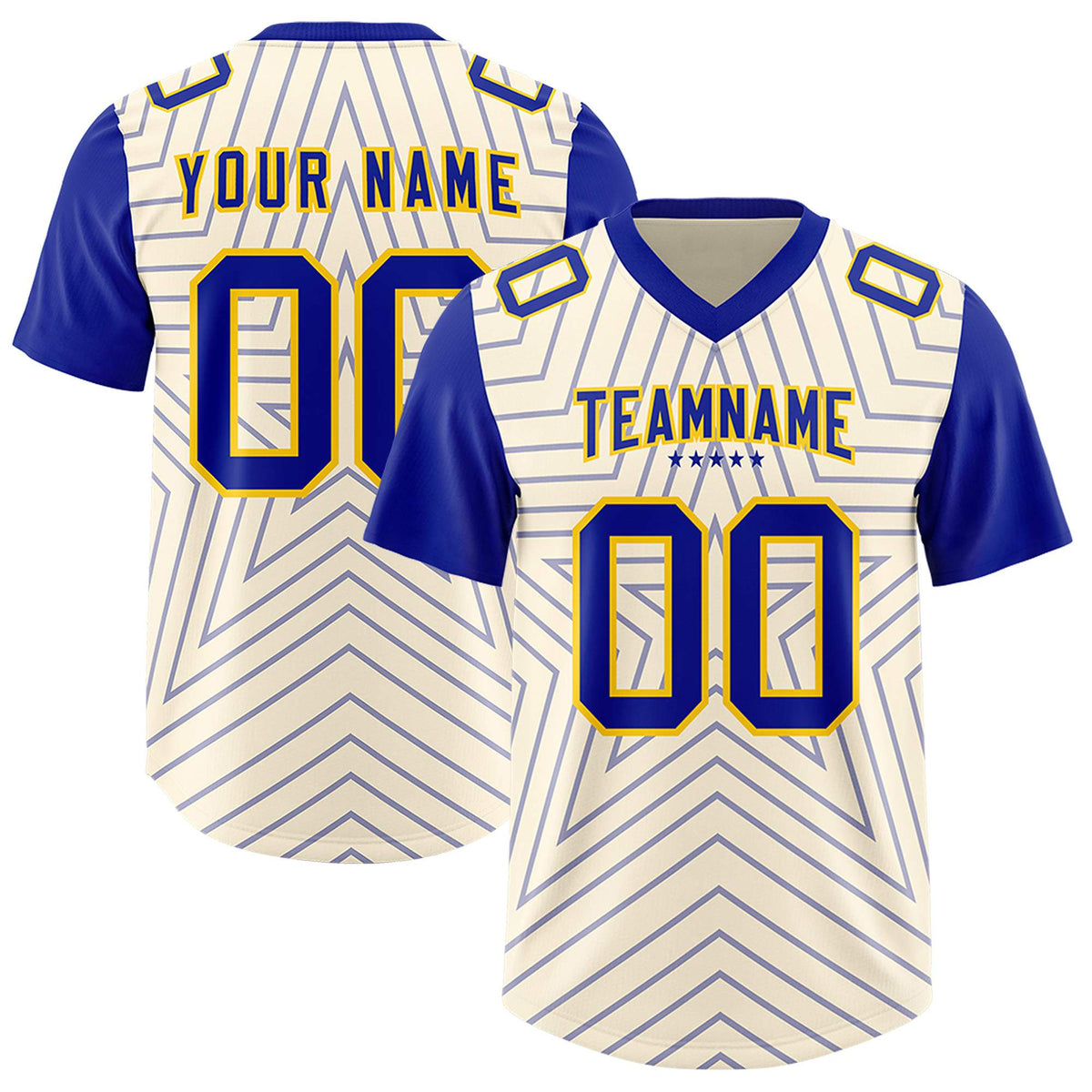 Custom Cream Royal Personalized Star Pattern Raglan Sleeves Authentic American Football Jersey