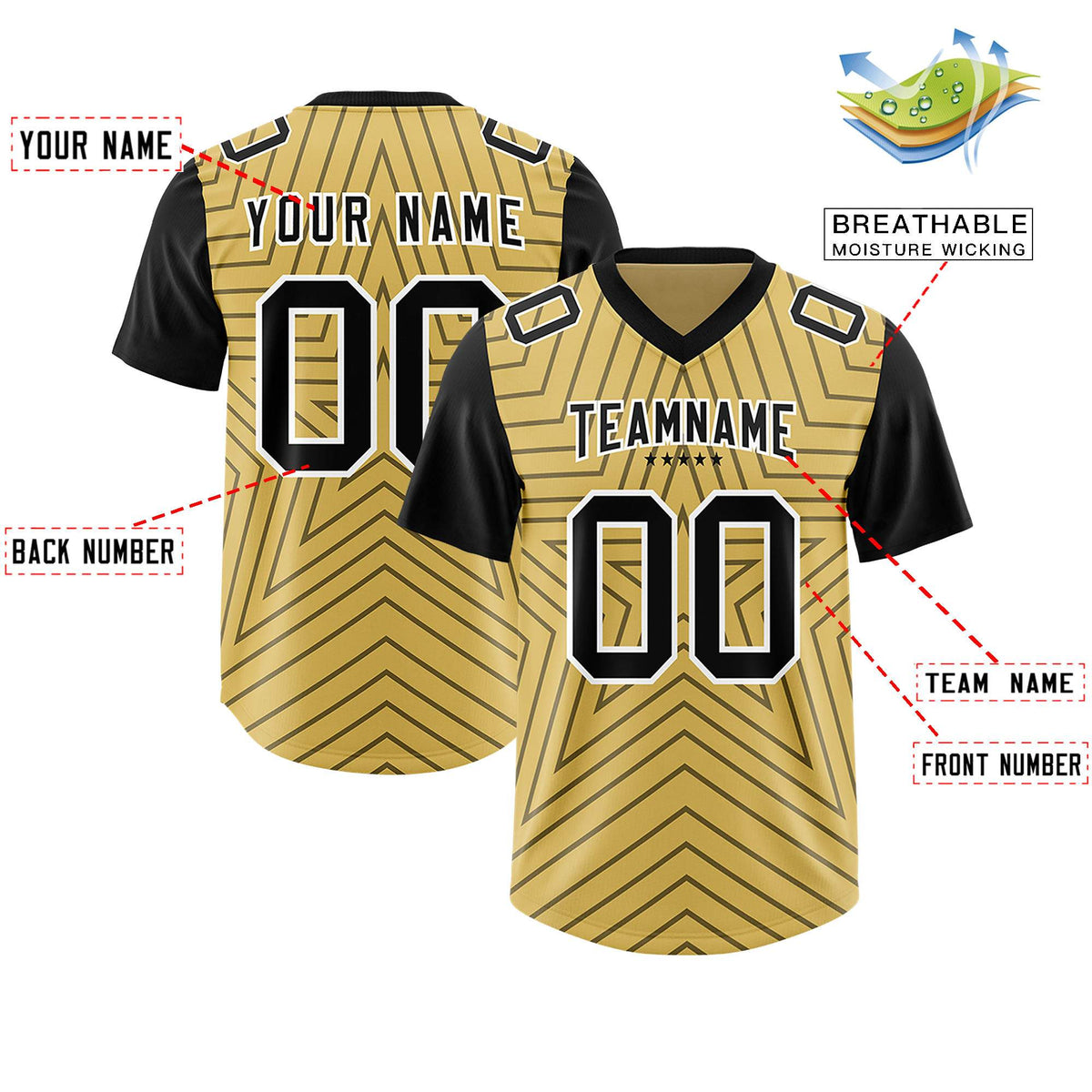 Custom Old Gold Black Personalized Star Pattern Raglan Sleeves Authentic American Football Jersey