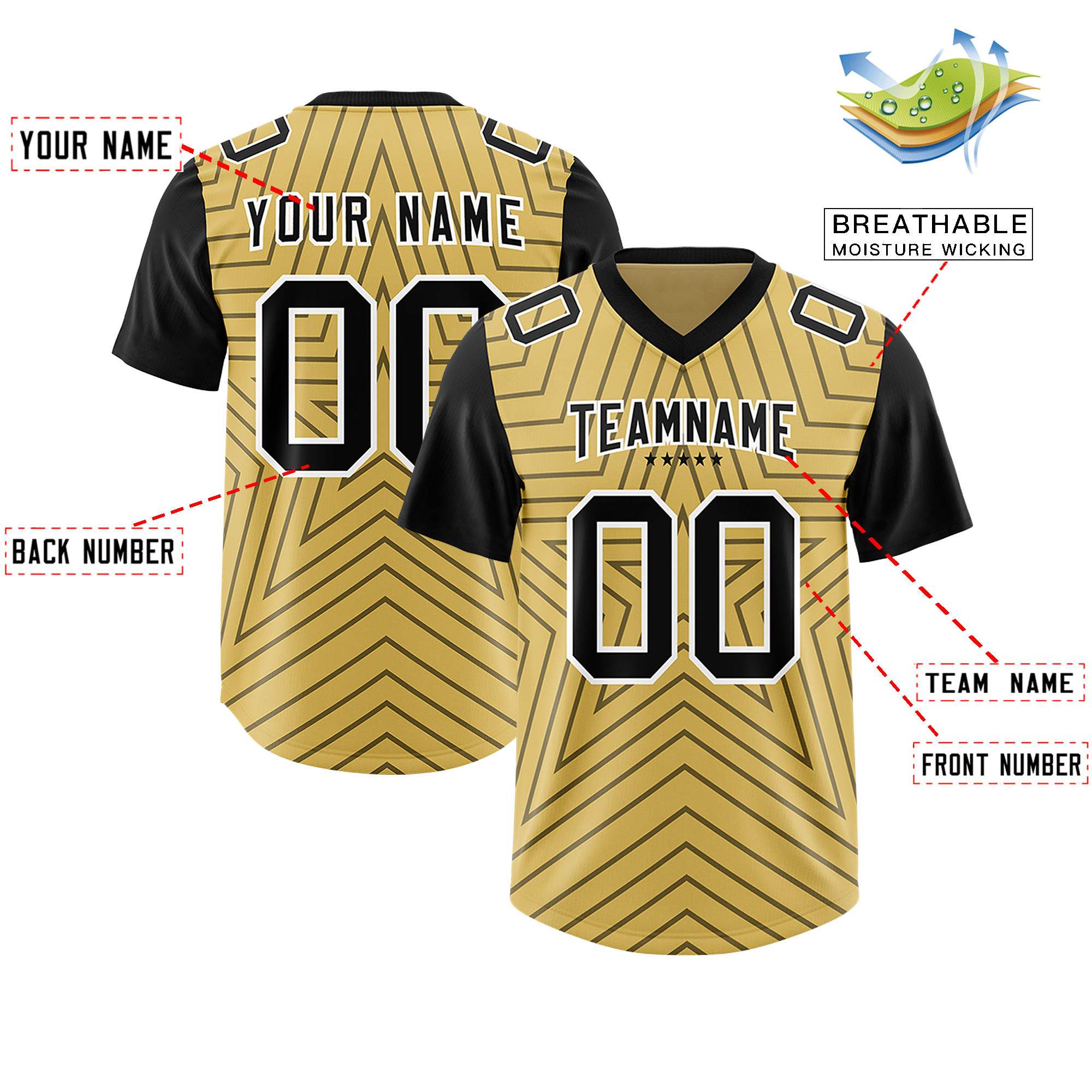 Custom Old Gold Black Personalized Star Pattern Raglan Sleeves Authentic American Football Jersey