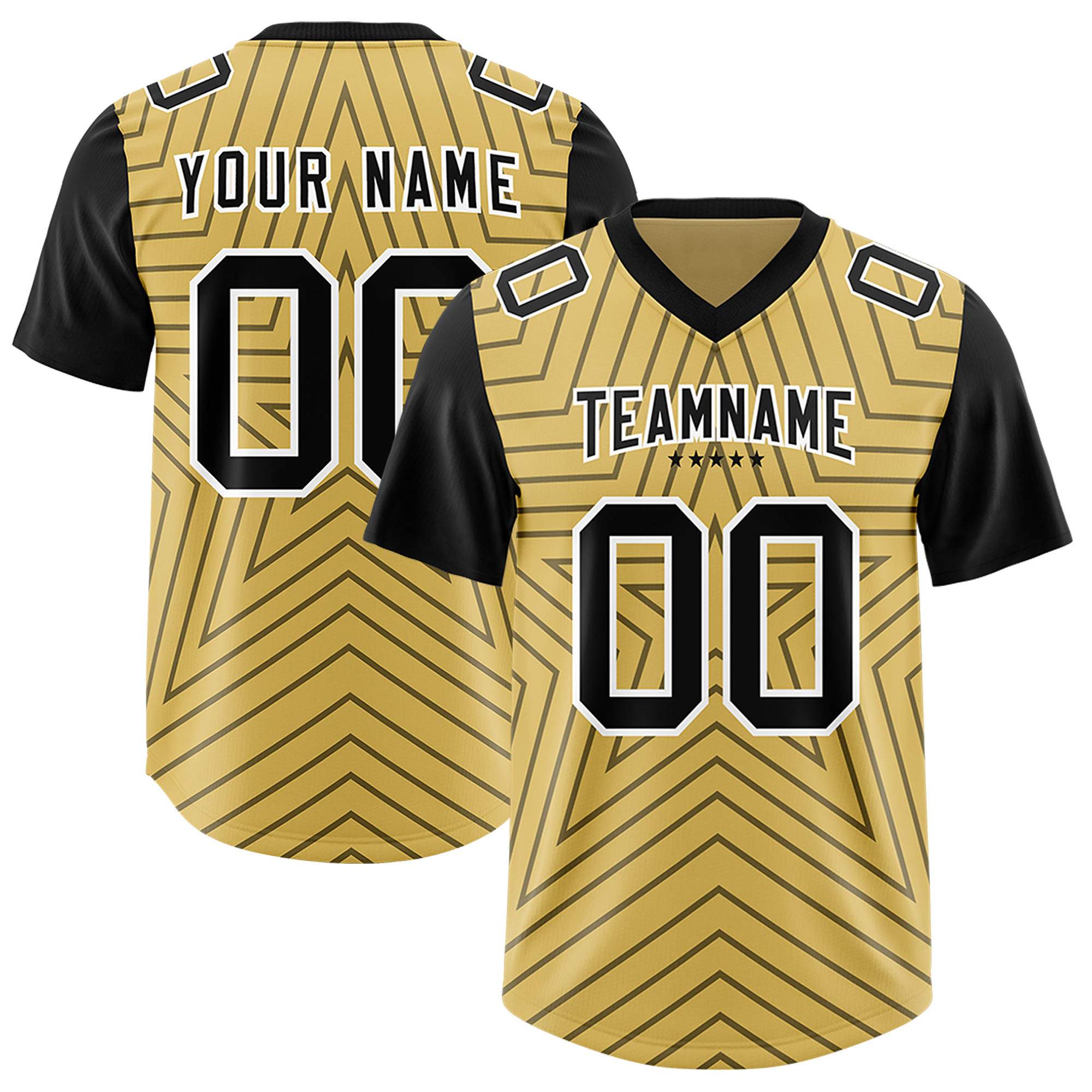 Custom Old Gold Black Personalized Star Pattern Raglan Sleeves Authentic American Football Jersey