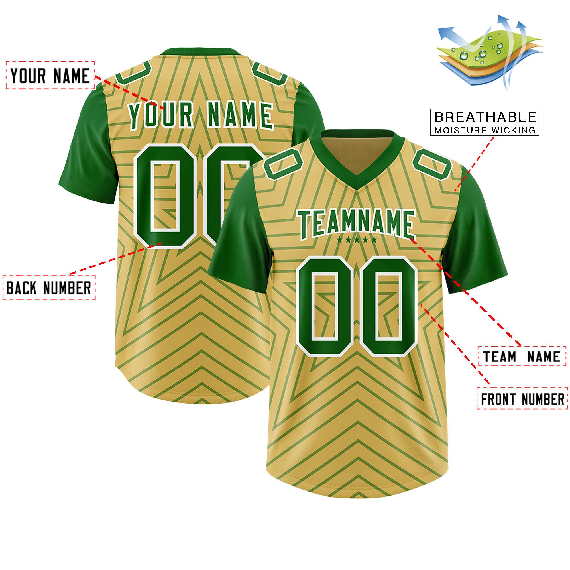 Custom Old Gold Kelly Green Personalized Star Pattern Raglan Sleeves Authentic American Football Jersey