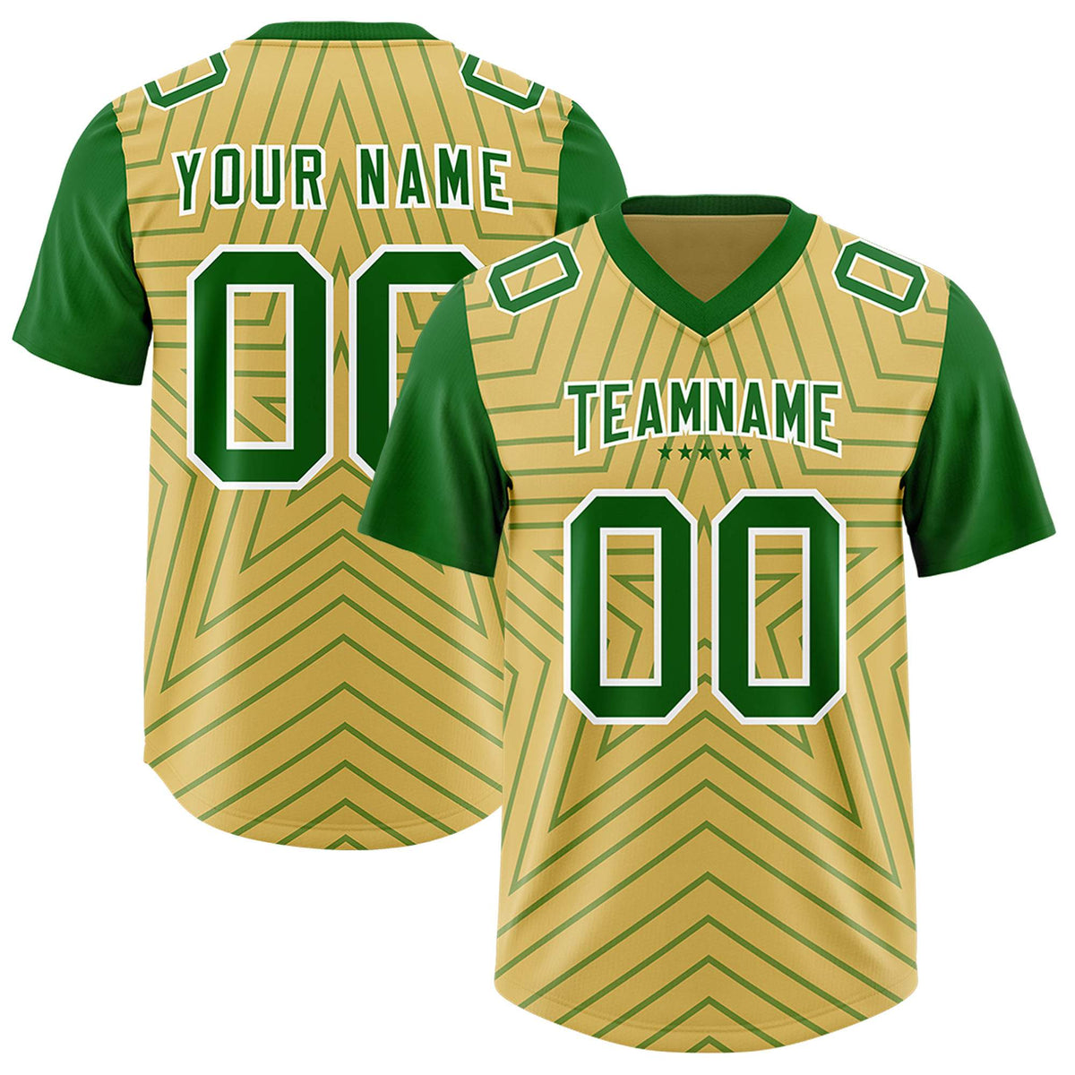 Custom Old Gold Kelly Green Personalized Star Pattern Raglan Sleeves Authentic American Football Jersey