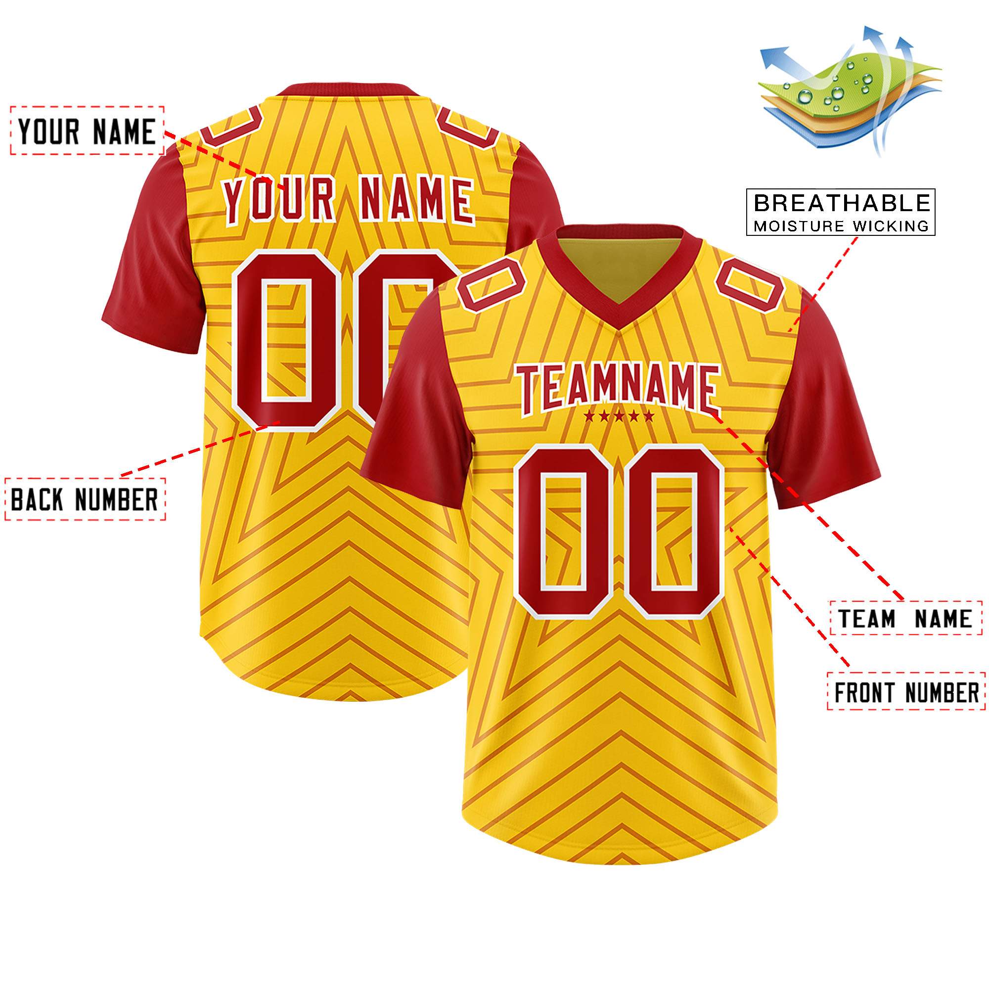 Custom Gold Red Personalized Star Pattern Raglan Sleeves Authentic American Football Jersey