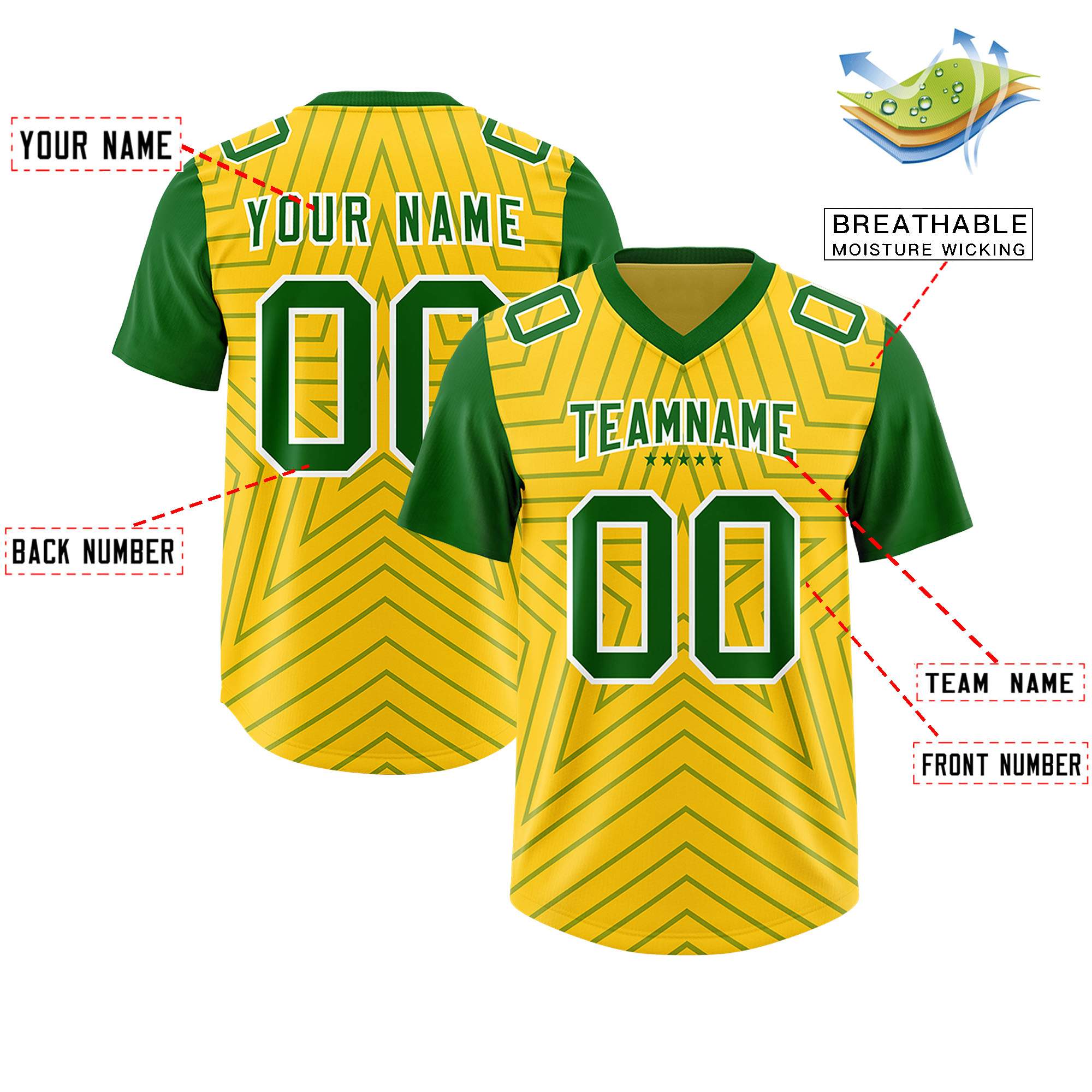 Custom Gold Kelly Green Personalized Star Pattern Raglan Sleeves Authentic American Football Jersey