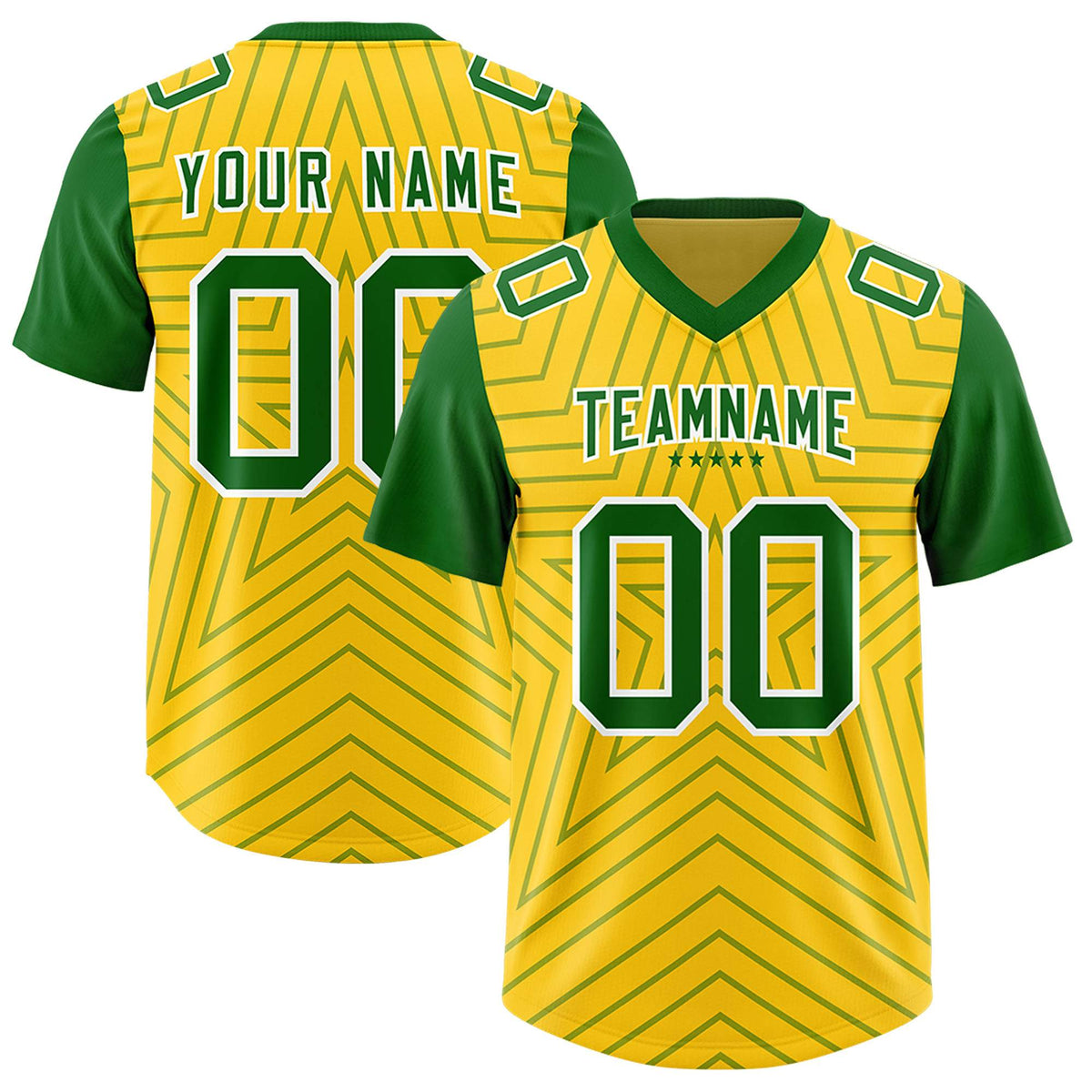 Custom Gold Kelly Green Personalized Star Pattern Raglan Sleeves Authentic American Football Jersey