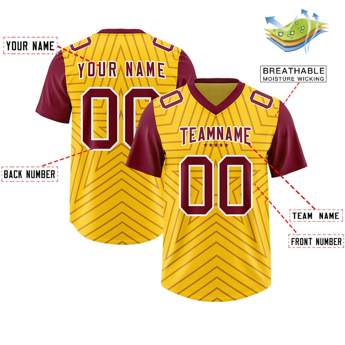 Custom Gold Cardinal Personalized Star Pattern Raglan Sleeves Authentic American Football Jersey