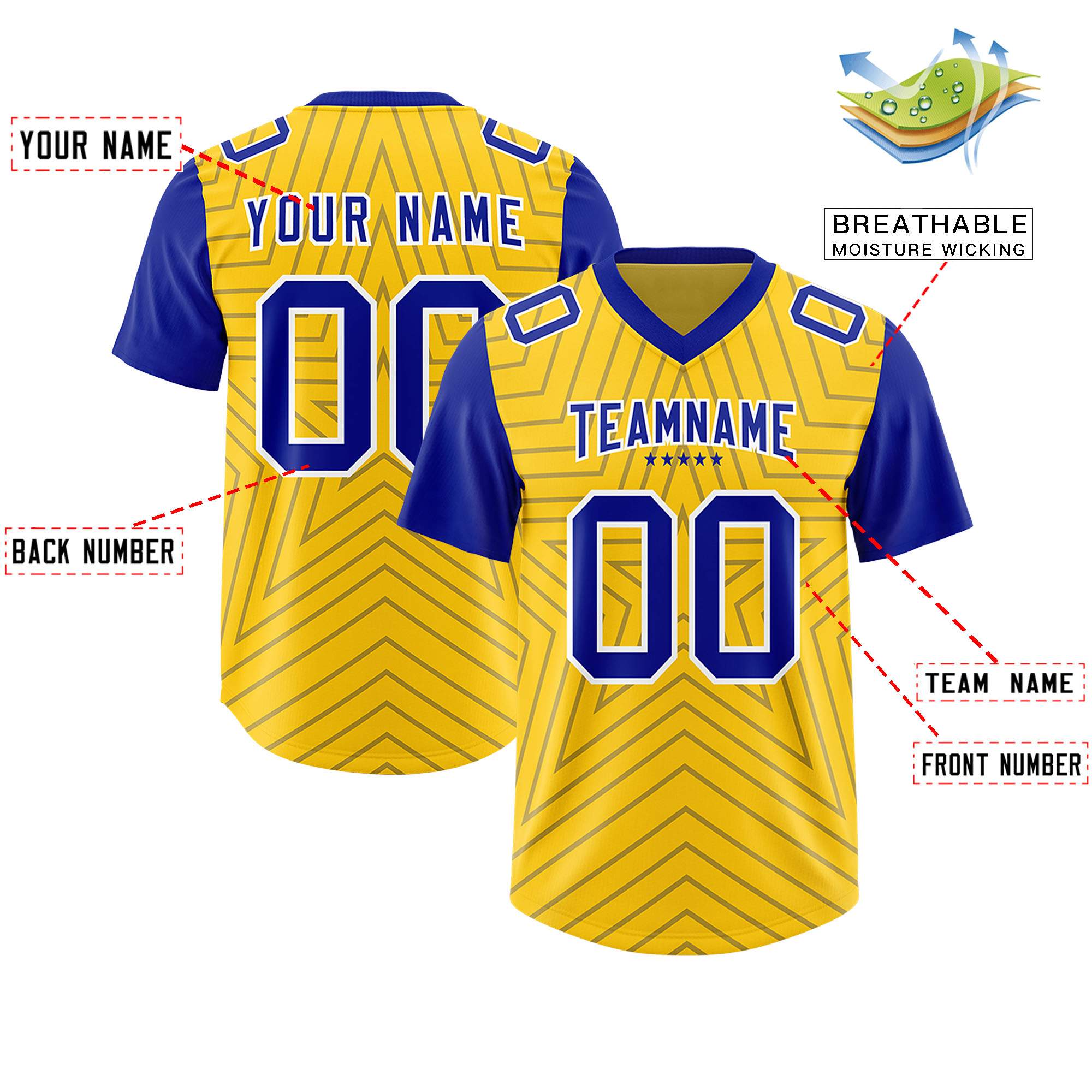 Custom Gold Royal Personalized Star Pattern Raglan Sleeves Authentic American Football Jersey