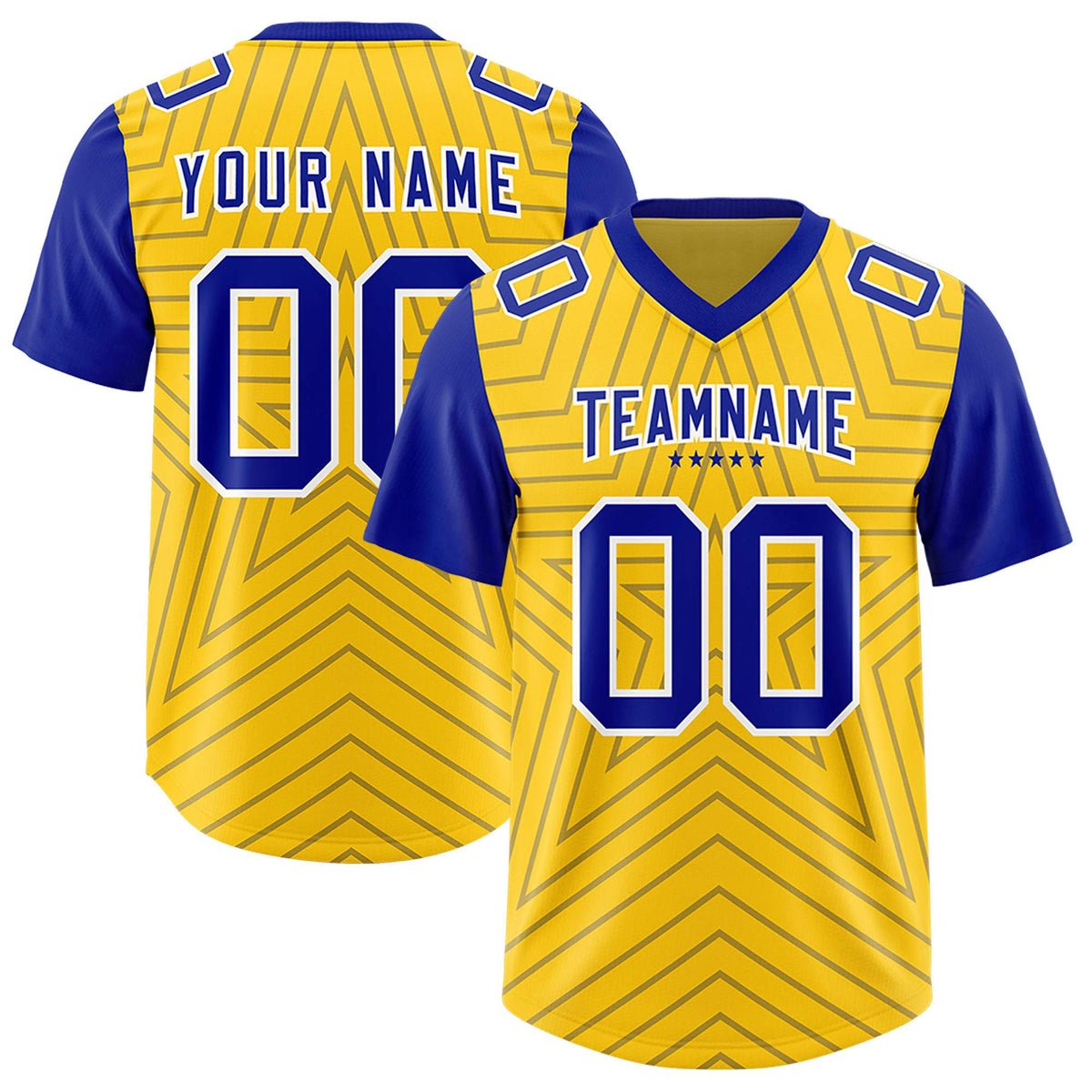 Custom Gold Royal Personalized Star Pattern Raglan Sleeves Authentic American Football Jersey