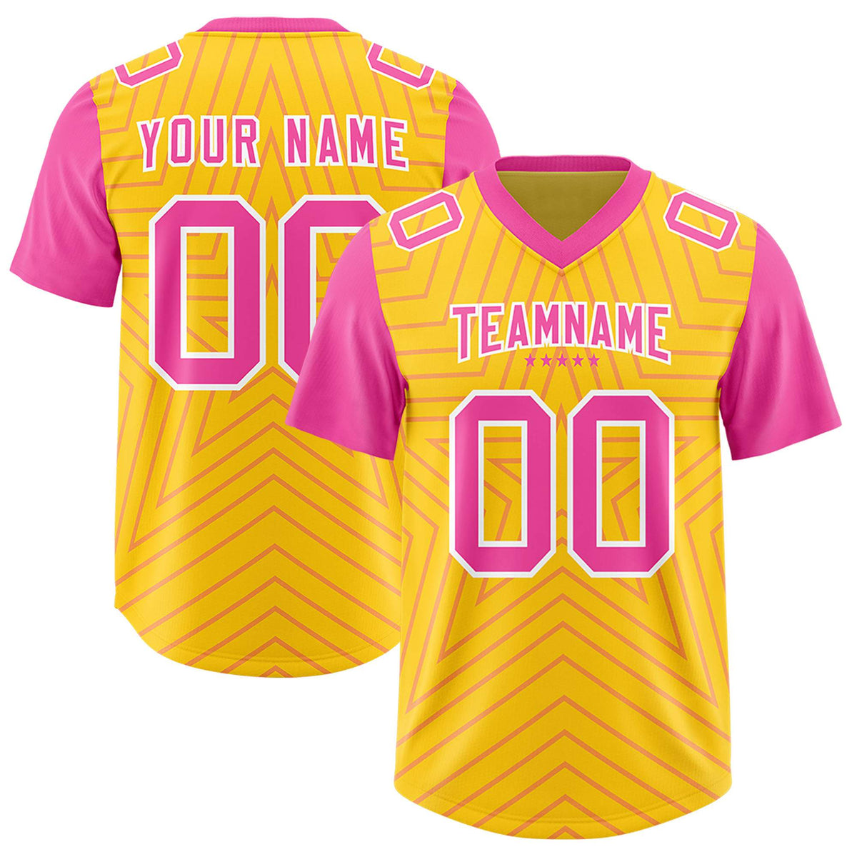 Custom Gold Pink Personalized Star Pattern Raglan Sleeves Authentic American Football Jersey