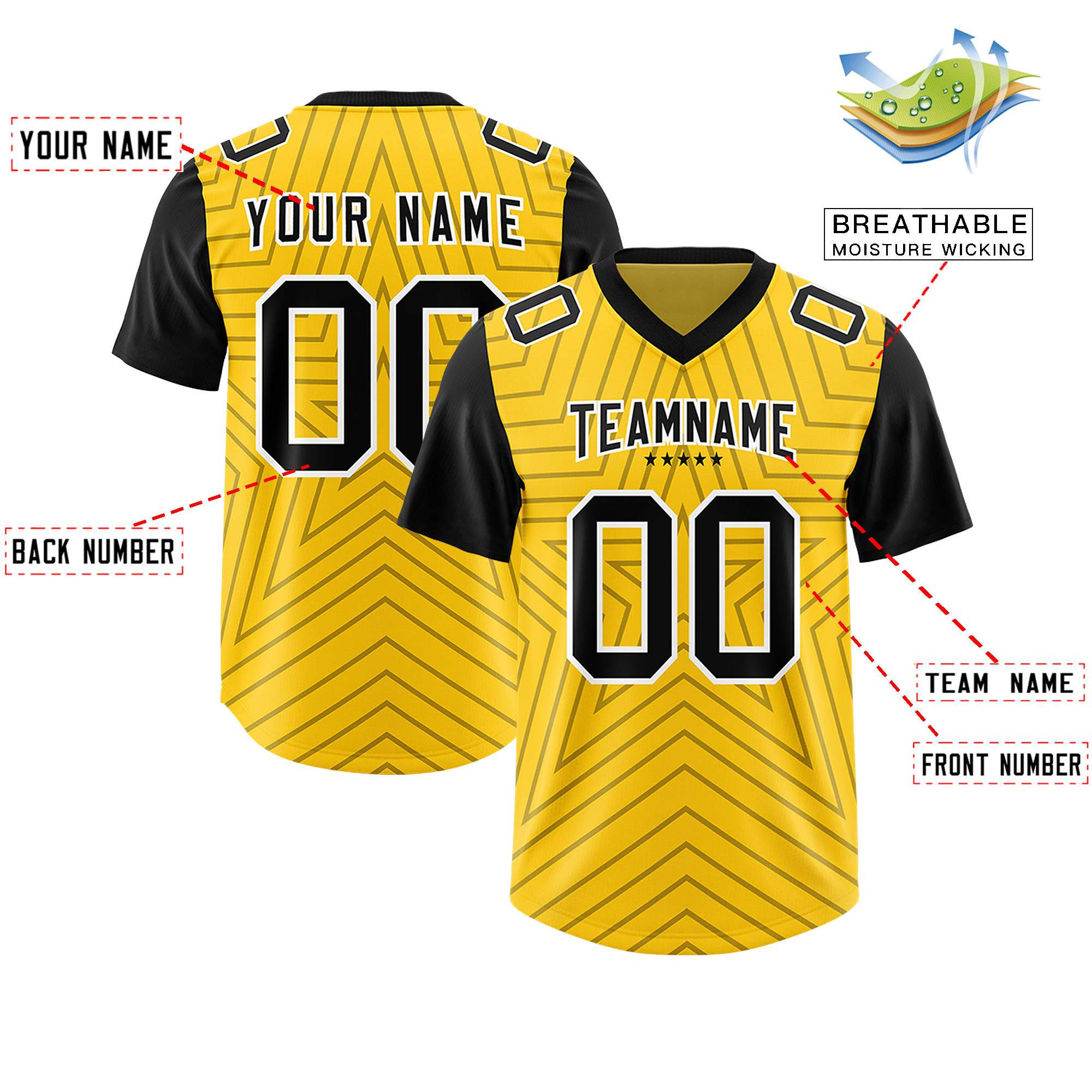 Custom Gold Black Personalized Star Pattern Raglan Sleeves Authentic American Football Jersey