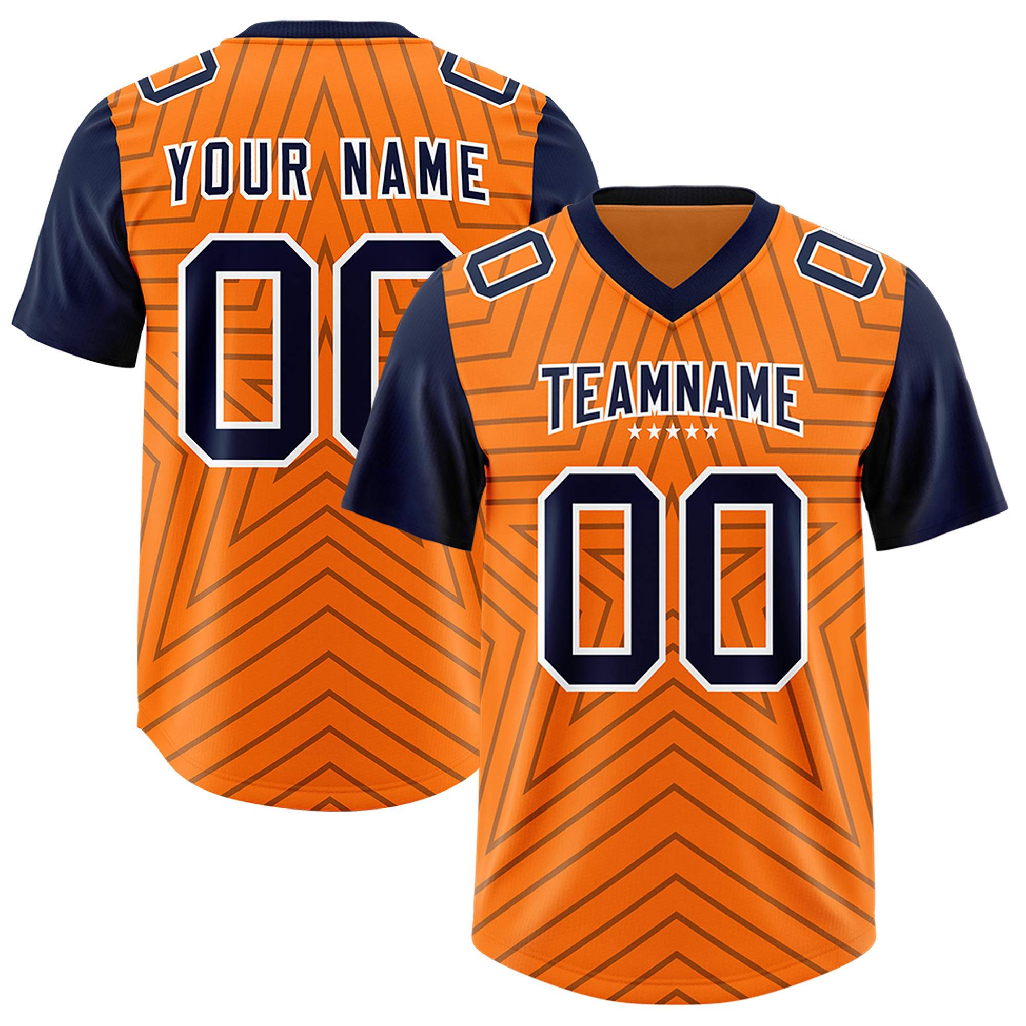 Custom Orange Navy Personalized Star Pattern Raglan Sleeves Authentic American Football Jersey