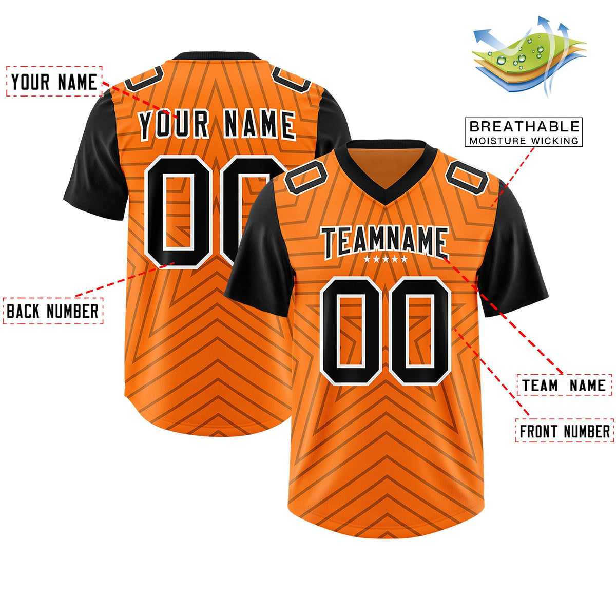 Custom Orange Black Personalized Star Pattern Raglan Sleeves Authentic American Football Jersey