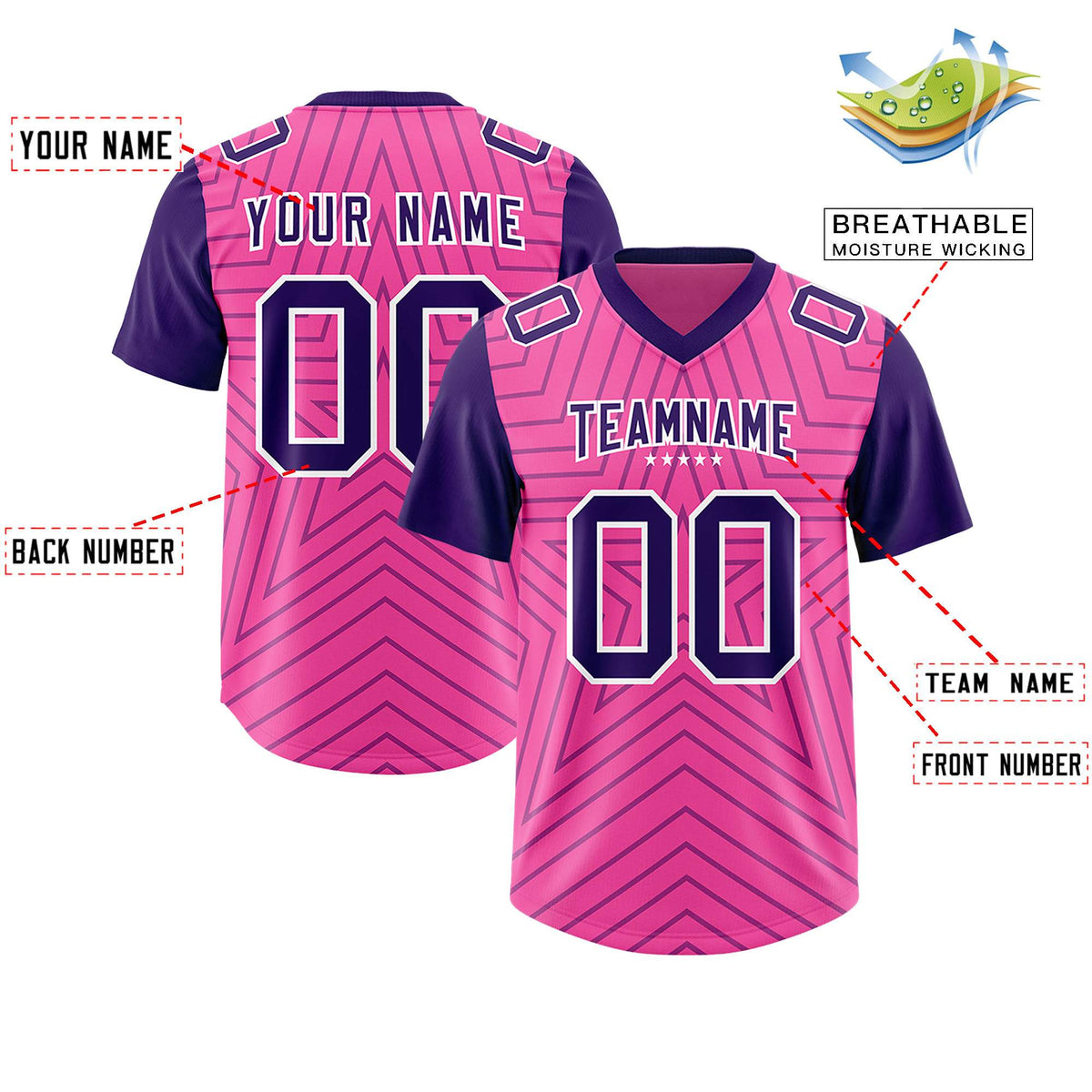 Custom Pink Purple Personalized Star Pattern Raglan Sleeves Authentic American Football Jersey