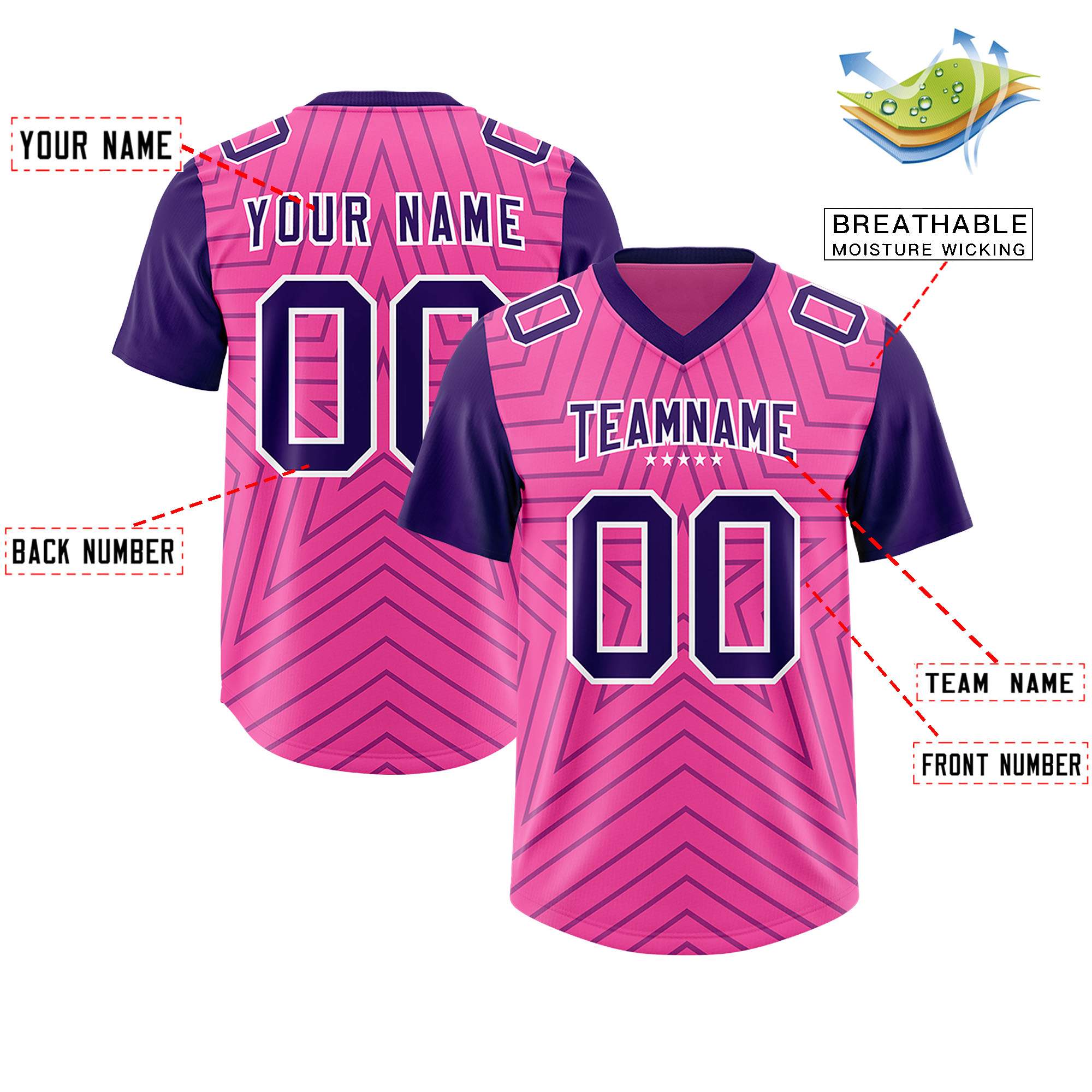 Custom Pink Purple Personalized Star Pattern Raglan Sleeves Authentic American Football Jersey