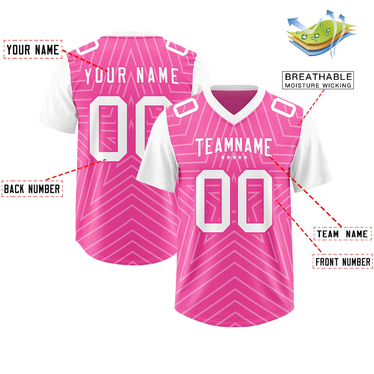 Custom Pink White Personalized Star Pattern Raglan Sleeves Authentic American Football Jersey