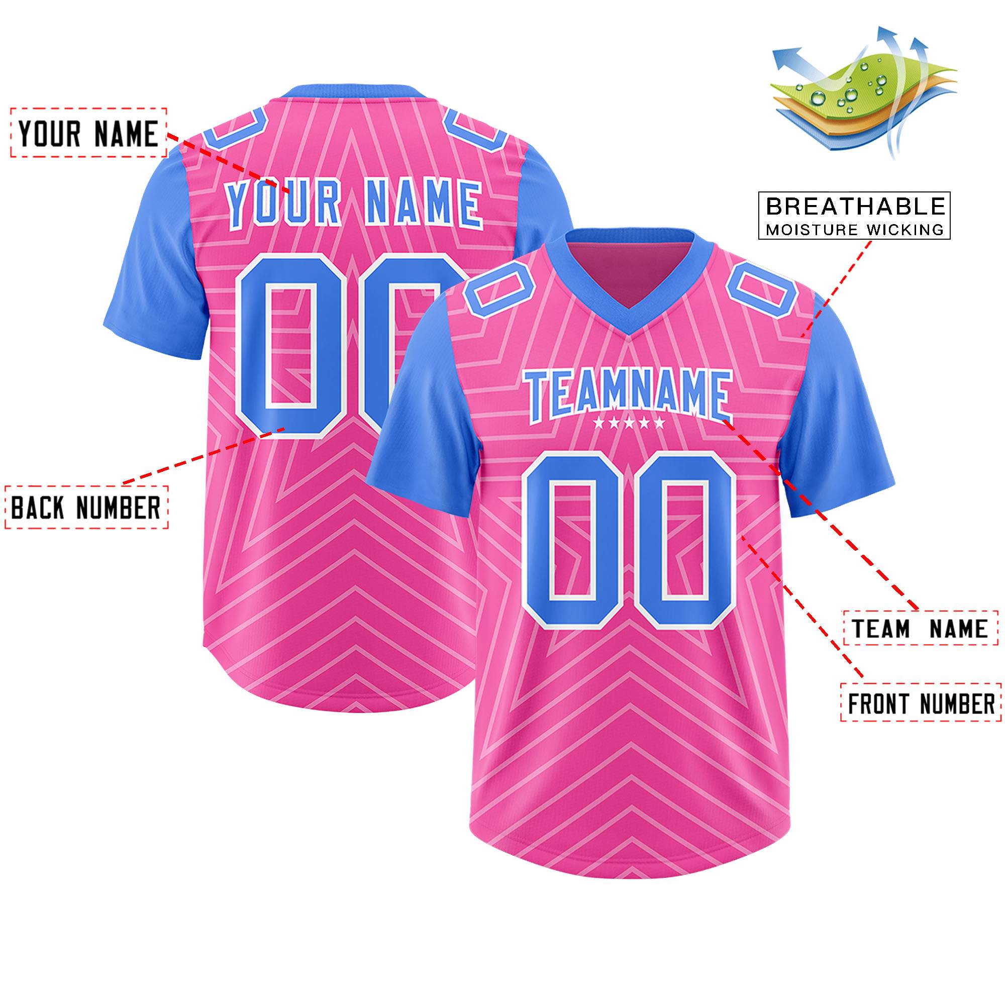 Custom Pink Powder Blue Personalized Star Pattern Raglan Sleeves Authentic American Football Jersey