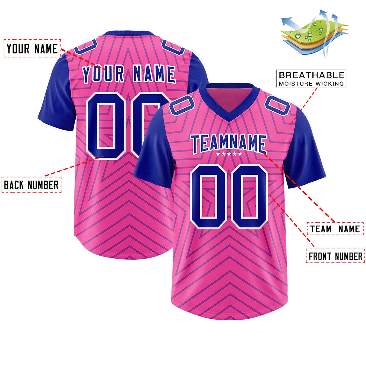 Custom Pink Royal Personalized Star Pattern Raglan Sleeves Authentic American Football Jersey