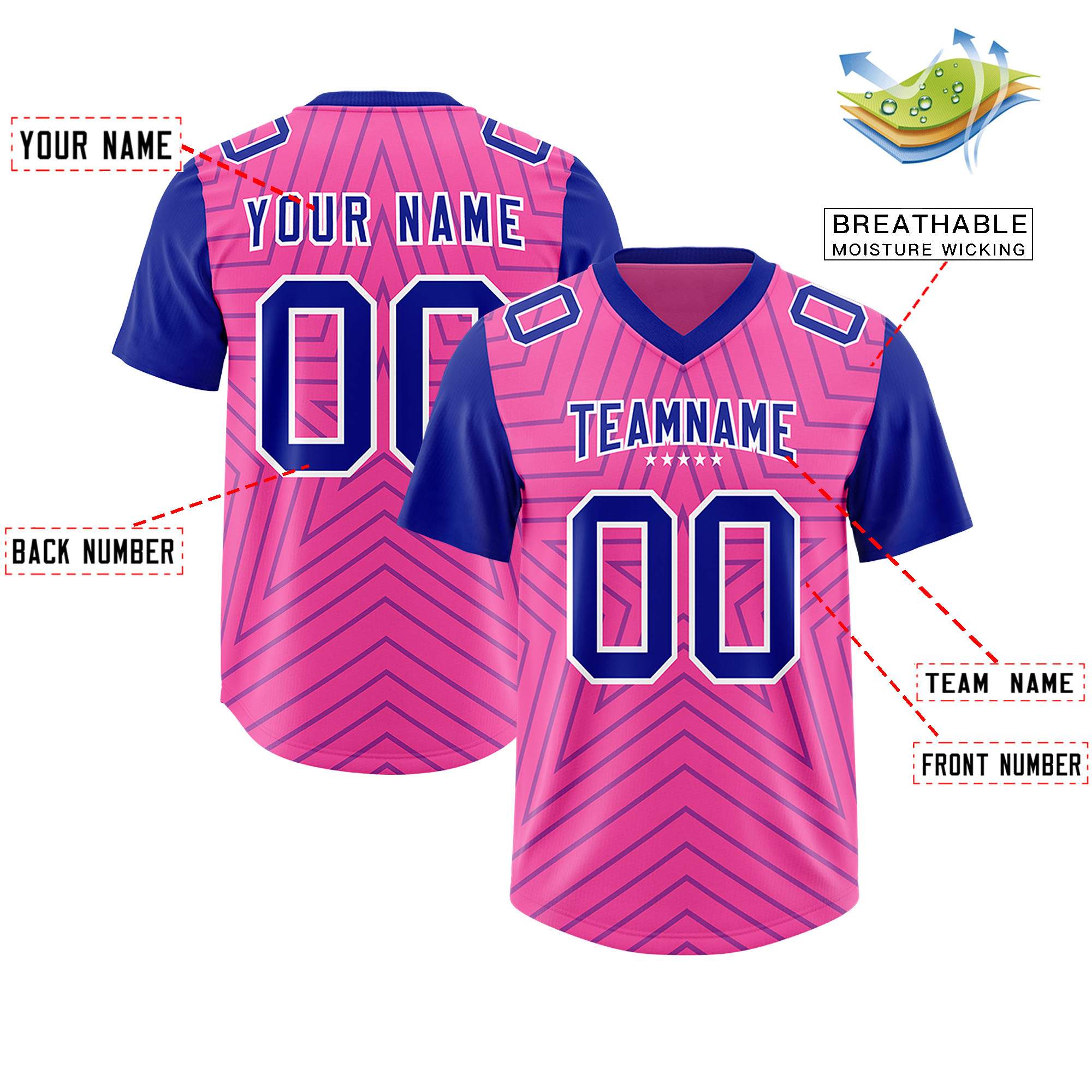 Custom Pink Royal Personalized Star Pattern Raglan Sleeves Authentic American Football Jersey