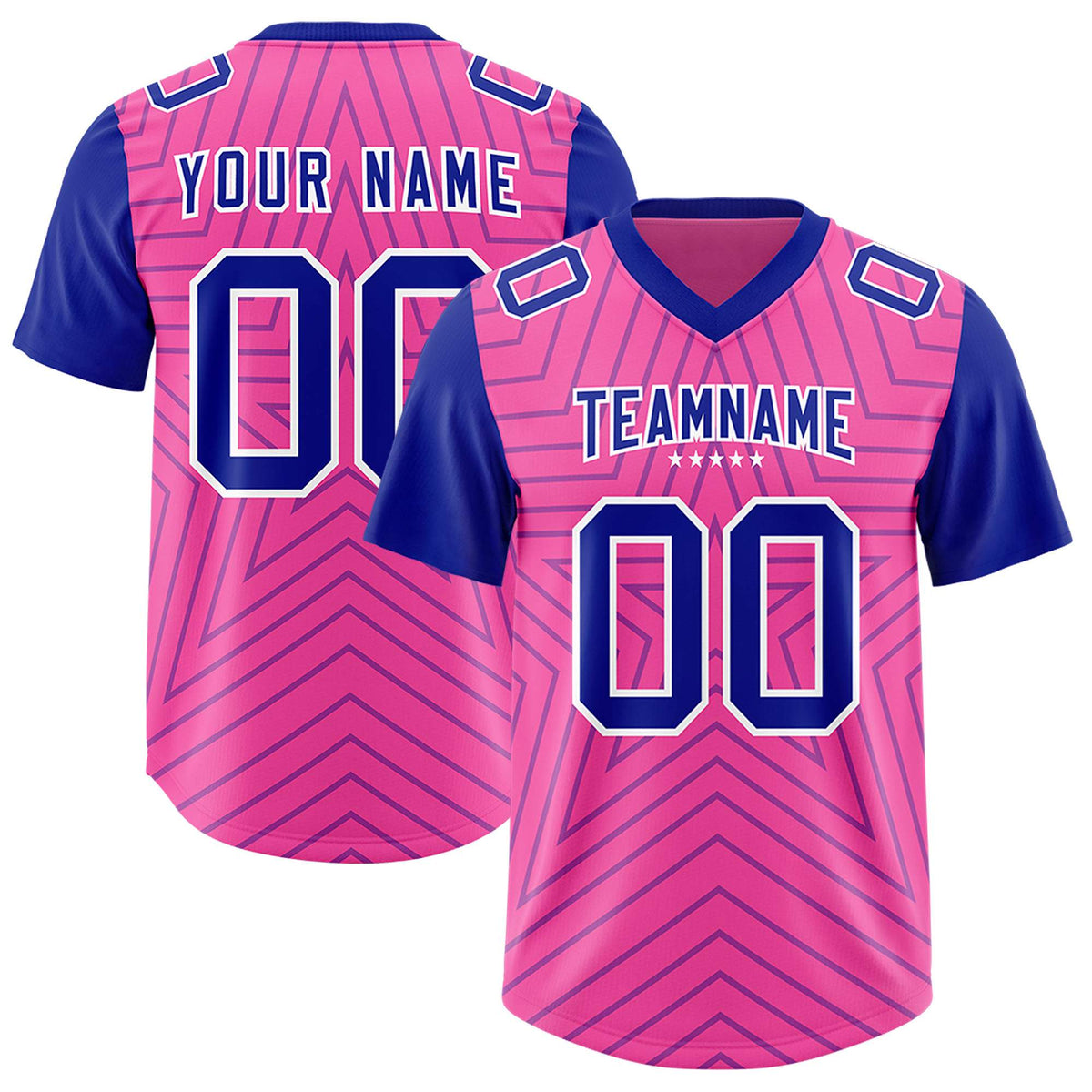 Custom Pink Royal Personalized Star Pattern Raglan Sleeves Authentic American Football Jersey