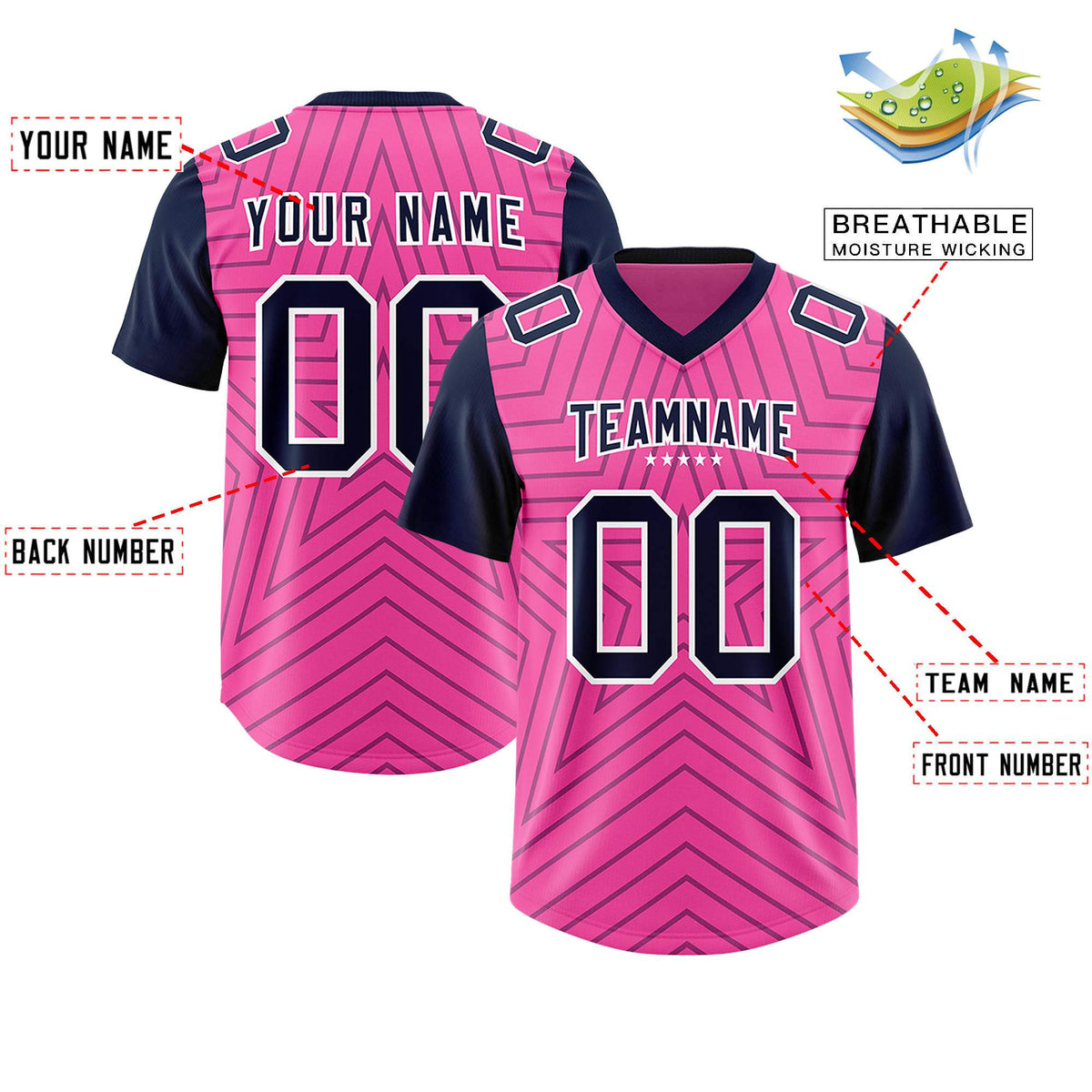 Custom Pink Navy Personalized Star Pattern Raglan Sleeves Authentic American Football Jersey