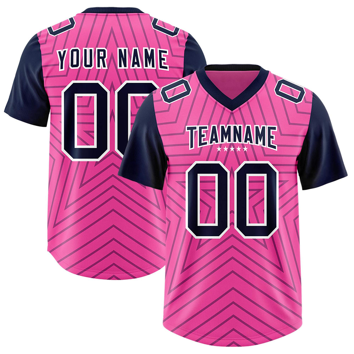 Custom Pink Navy Personalized Star Pattern Raglan Sleeves Authentic American Football Jersey