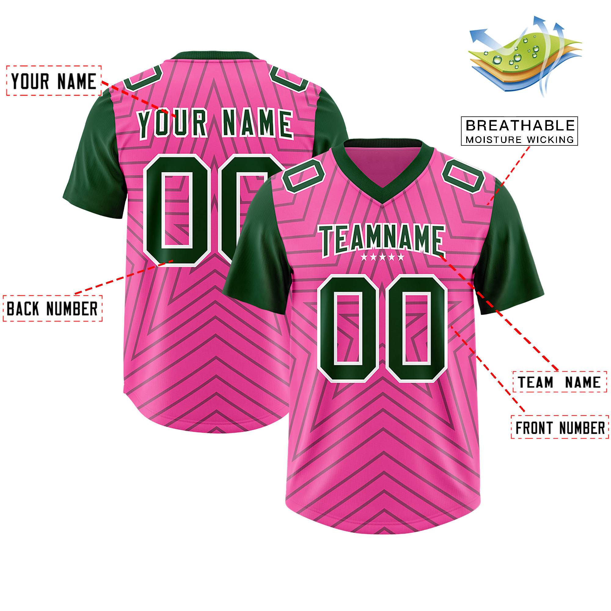 Custom Pink Green Personalized Star Pattern Raglan Sleeves Authentic American Football Jersey