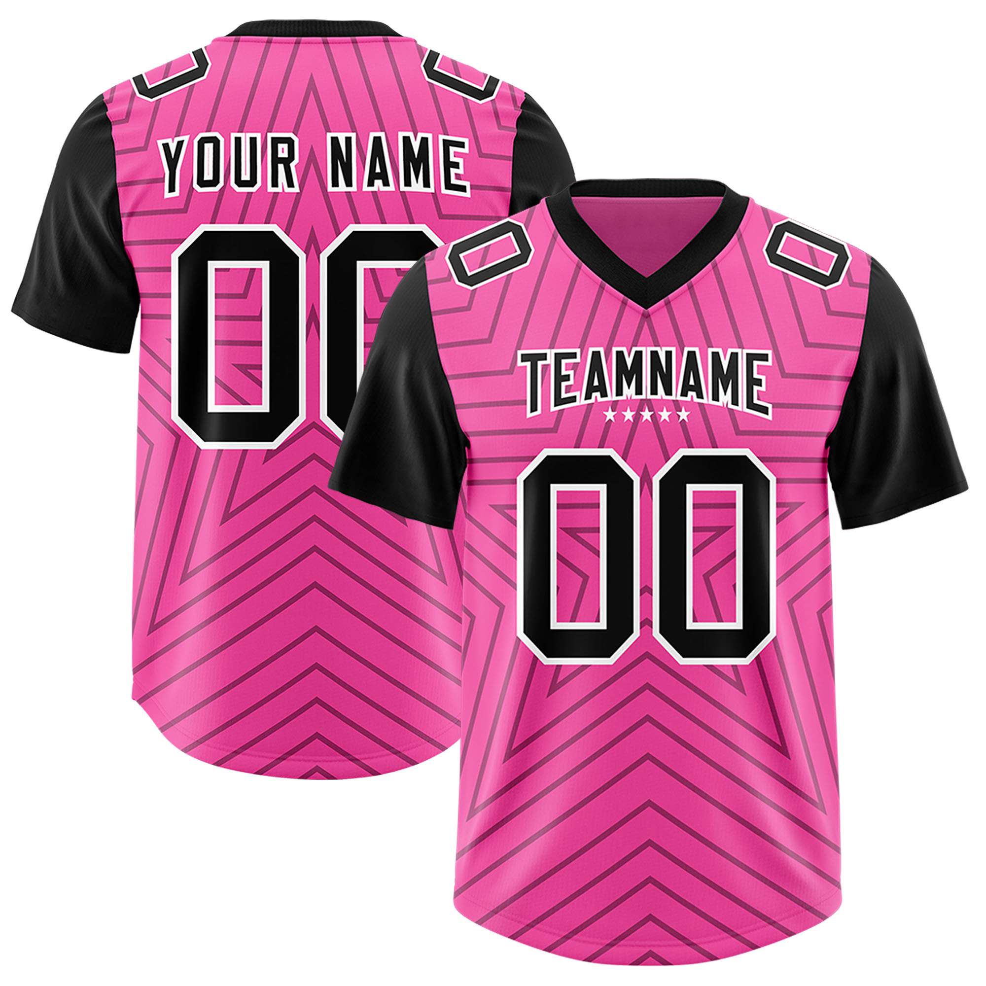 Custom Pink Black Personalized Star Pattern Raglan Sleeves Authentic American Football Jersey