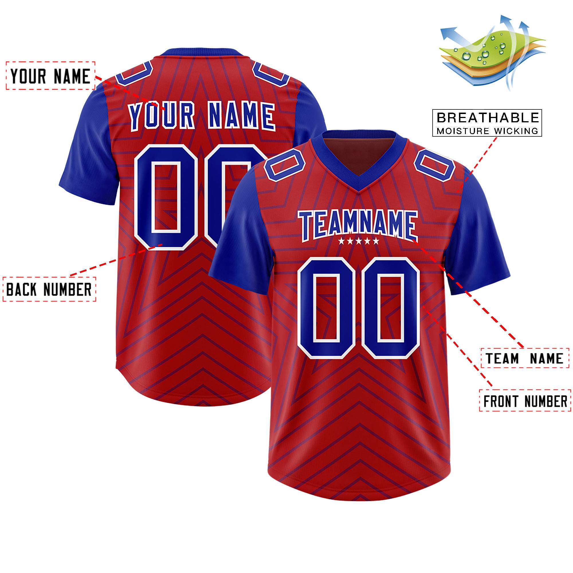 Custom Red Royal Personalized Star Pattern Raglan Sleeves Authentic American Football Jersey