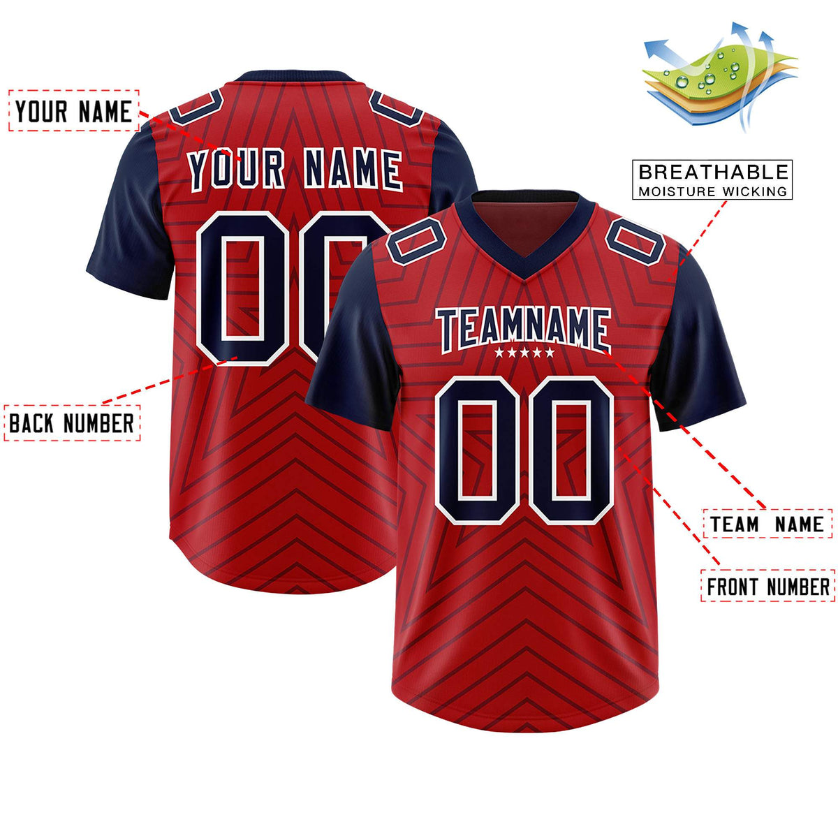 Custom Red Navy Personalized Star Pattern Raglan Sleeves Authentic American Football Jersey