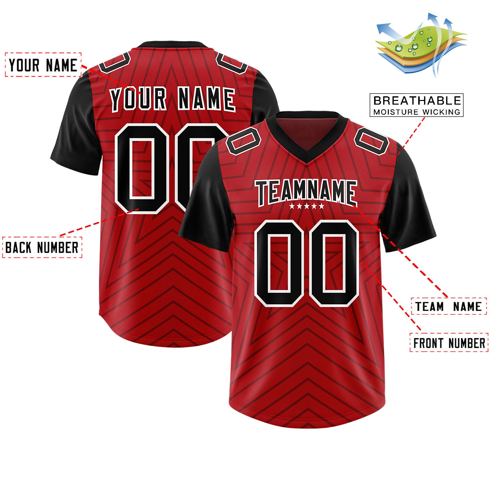 Custom Red Black Personalized Star Pattern Raglan Sleeves Authentic American Football Jersey