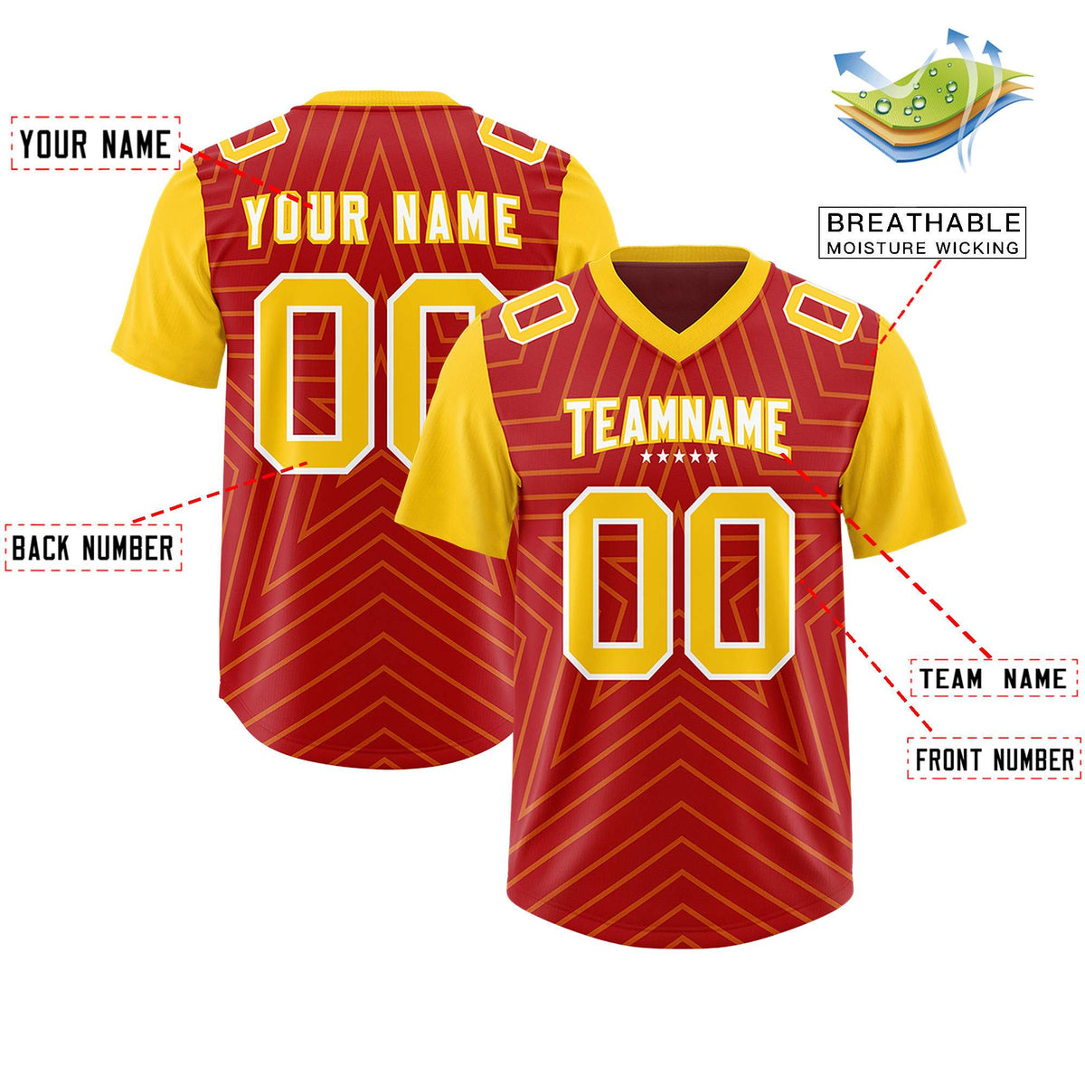 Custom Red Gold Personalized Star Pattern Raglan Sleeves Authentic American Football Jersey