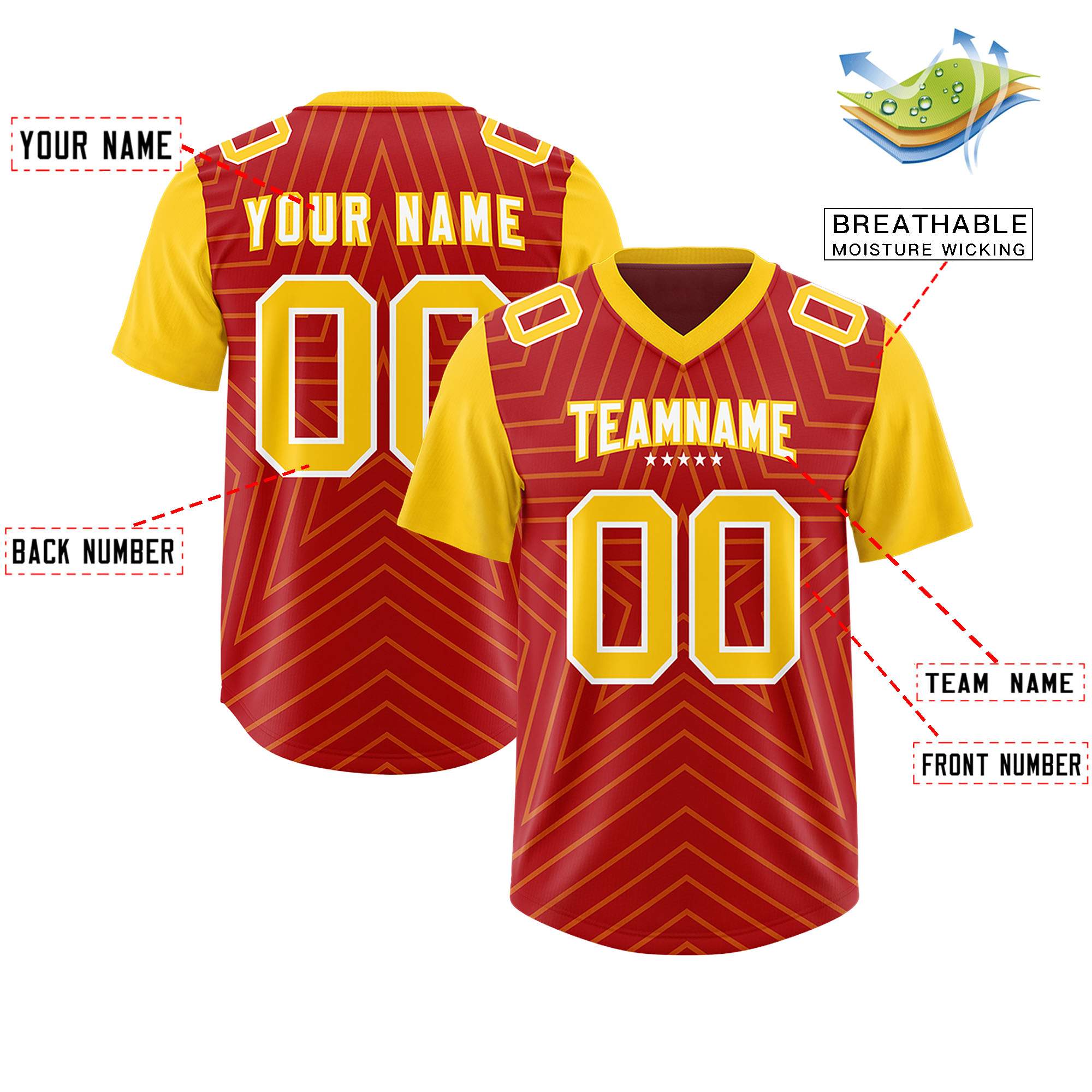 Custom Red Gold Personalized Star Pattern Raglan Sleeves Authentic American Football Jersey