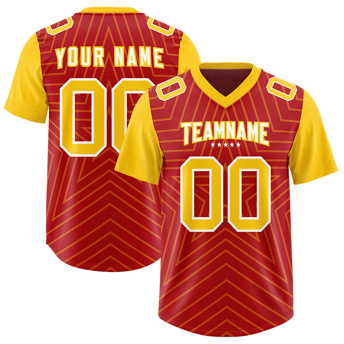 Custom Red Gold Personalized Star Pattern Raglan Sleeves Authentic American Football Jersey