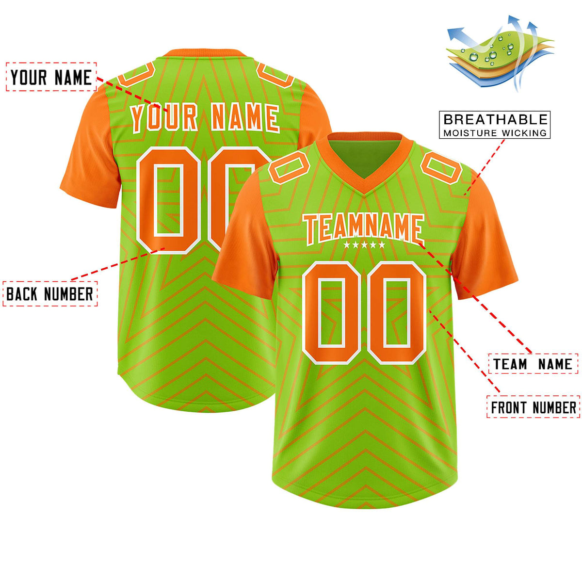 Custom Neon Green Orange Personalized Star Pattern Raglan Sleeves Authentic American Football Jersey
