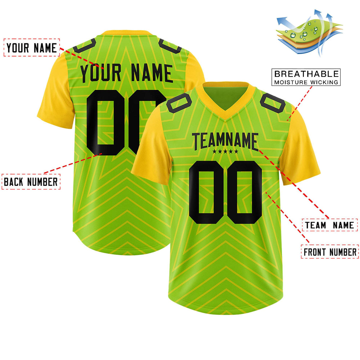 Custom Neon Green Gold Personalized Star Pattern Raglan Sleeves Authentic American Football Jersey