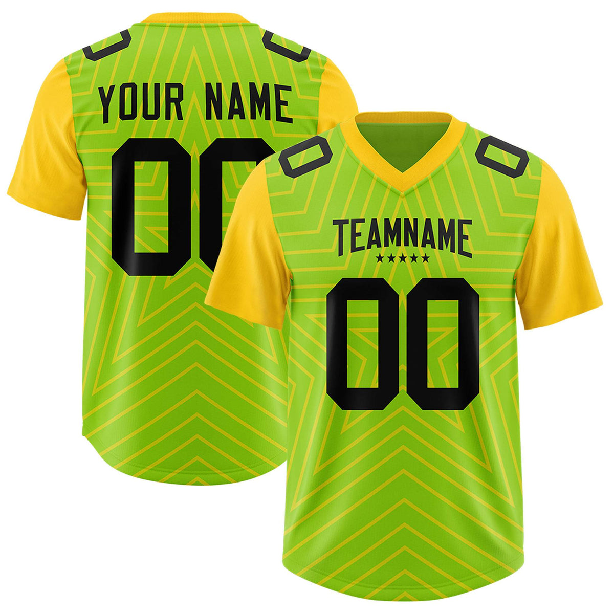 Custom Neon Green Gold Personalized Star Pattern Raglan Sleeves Authentic American Football Jersey