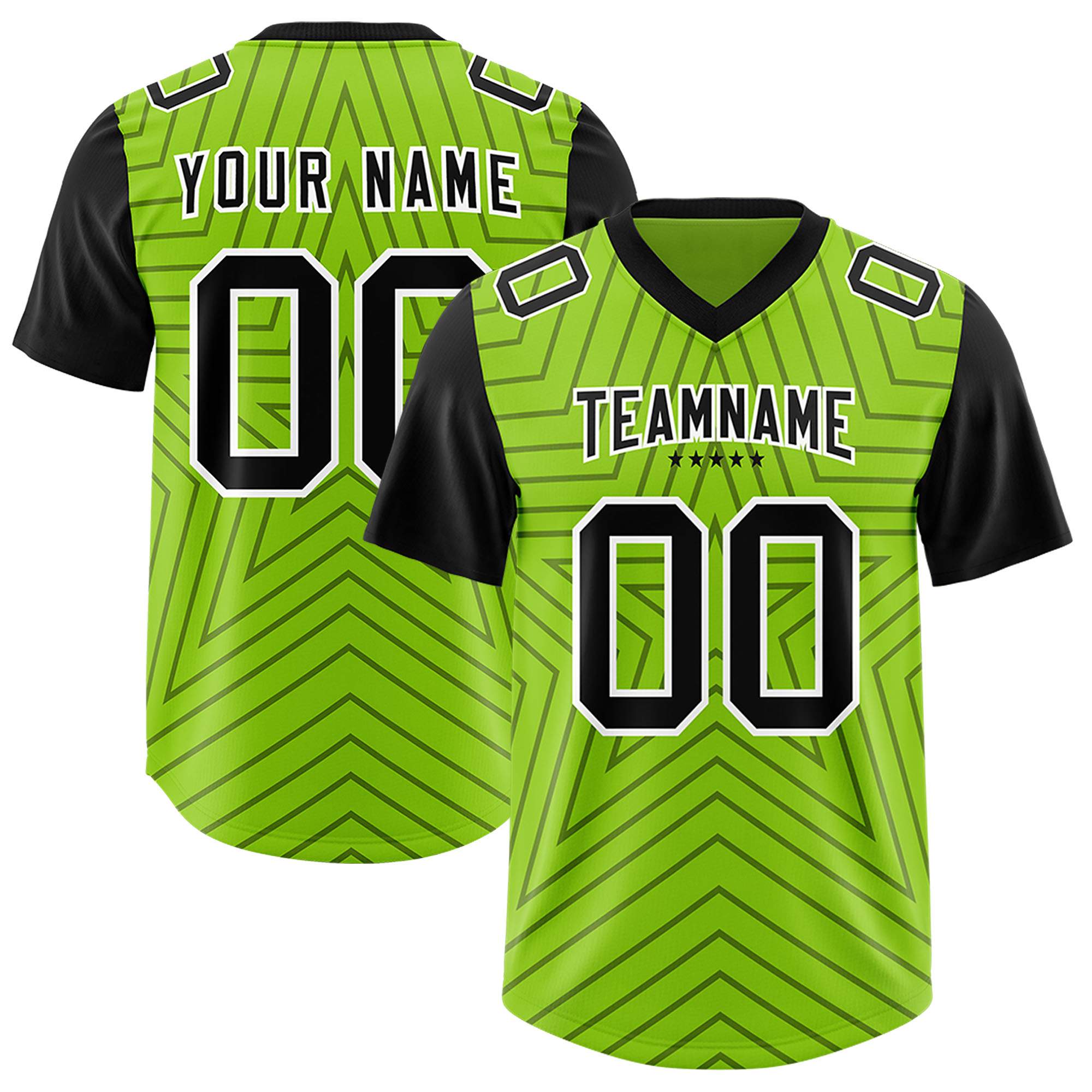 Custom Neon Green Black Personalized Star Pattern Raglan Sleeves Authentic American Football Jersey