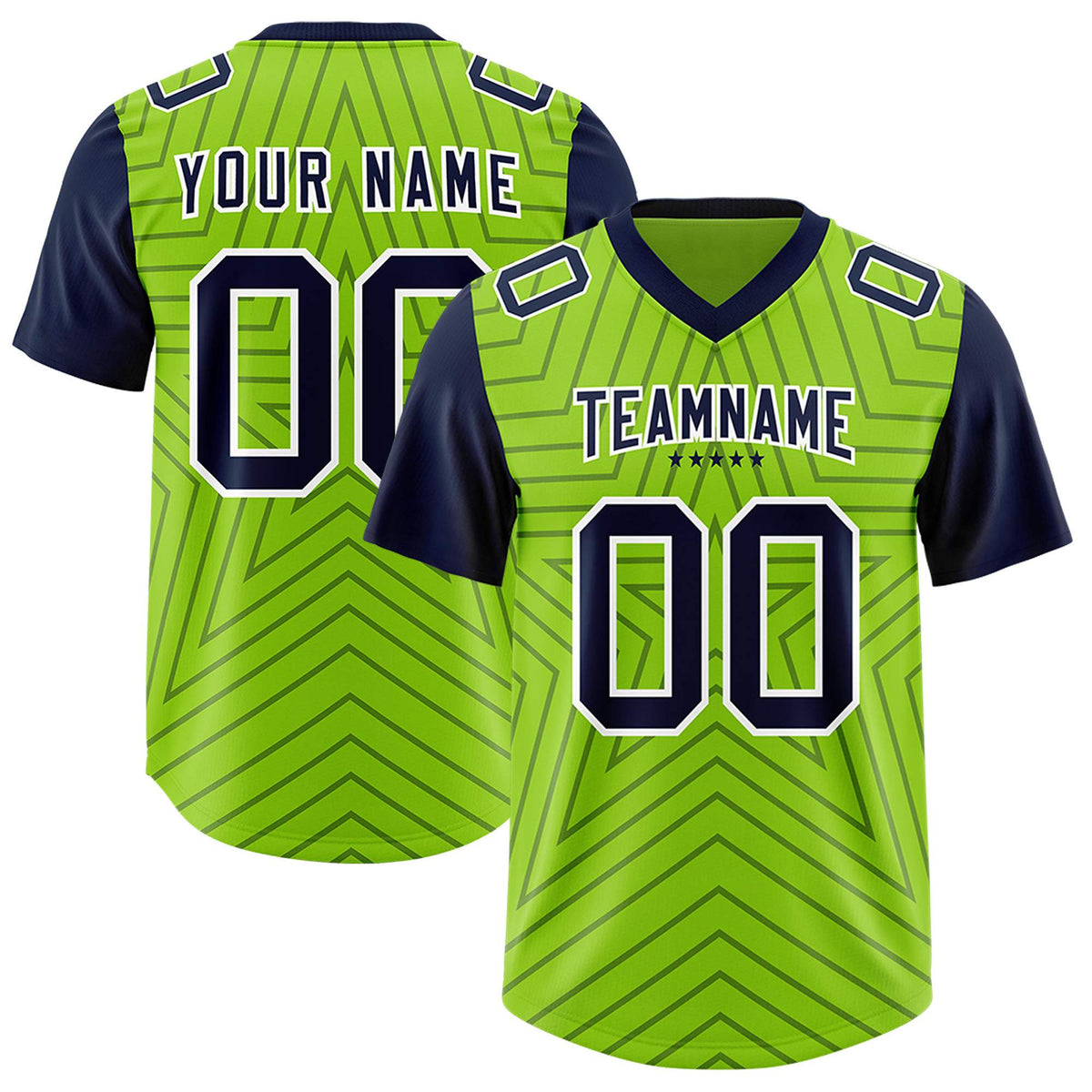 Custom Neon Green Navy Personalized Star Pattern Raglan Sleeves Authentic American Football Jersey