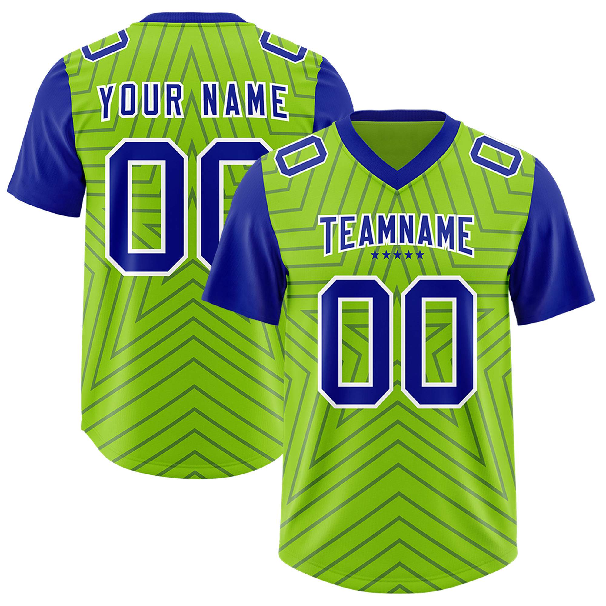 Custom Neon Green Royal Personalized Star Pattern Raglan Sleeves Authentic American Football Jersey