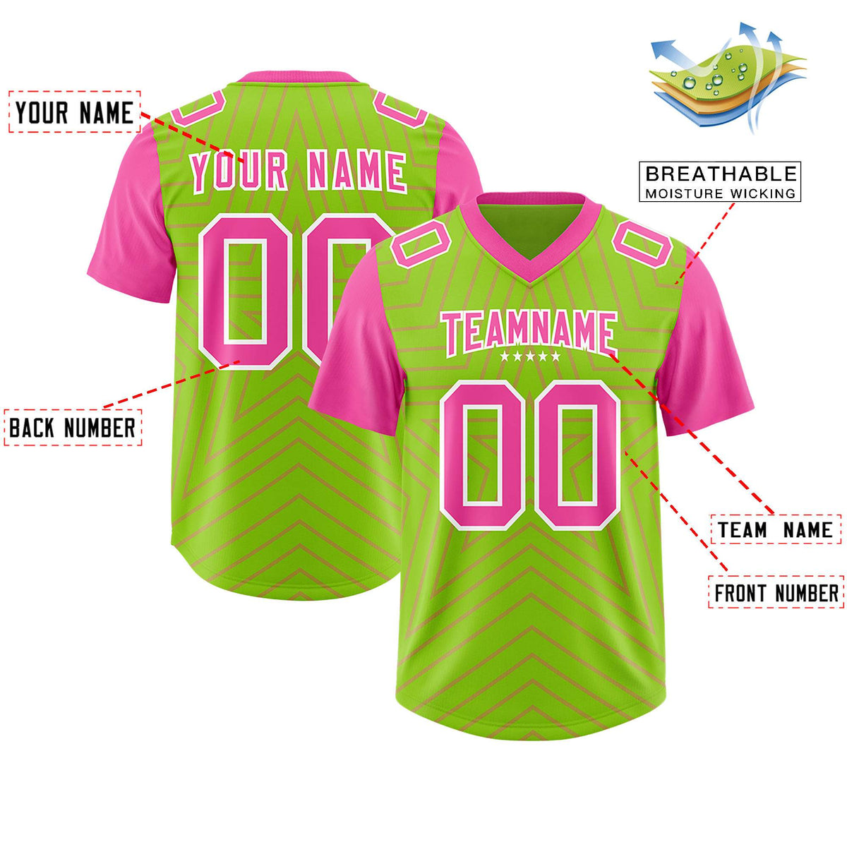 Custom Neon Green Pink Personalized Star Pattern Raglan Sleeves Authentic American Football Jersey