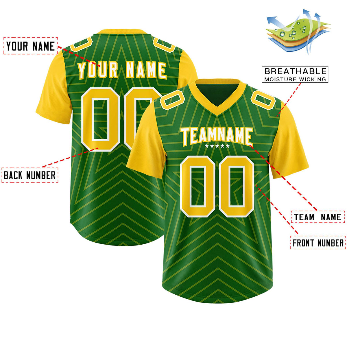 Custom Kelly Green Gold Personalized Star Pattern Raglan Sleeves Authentic American Football Jersey
